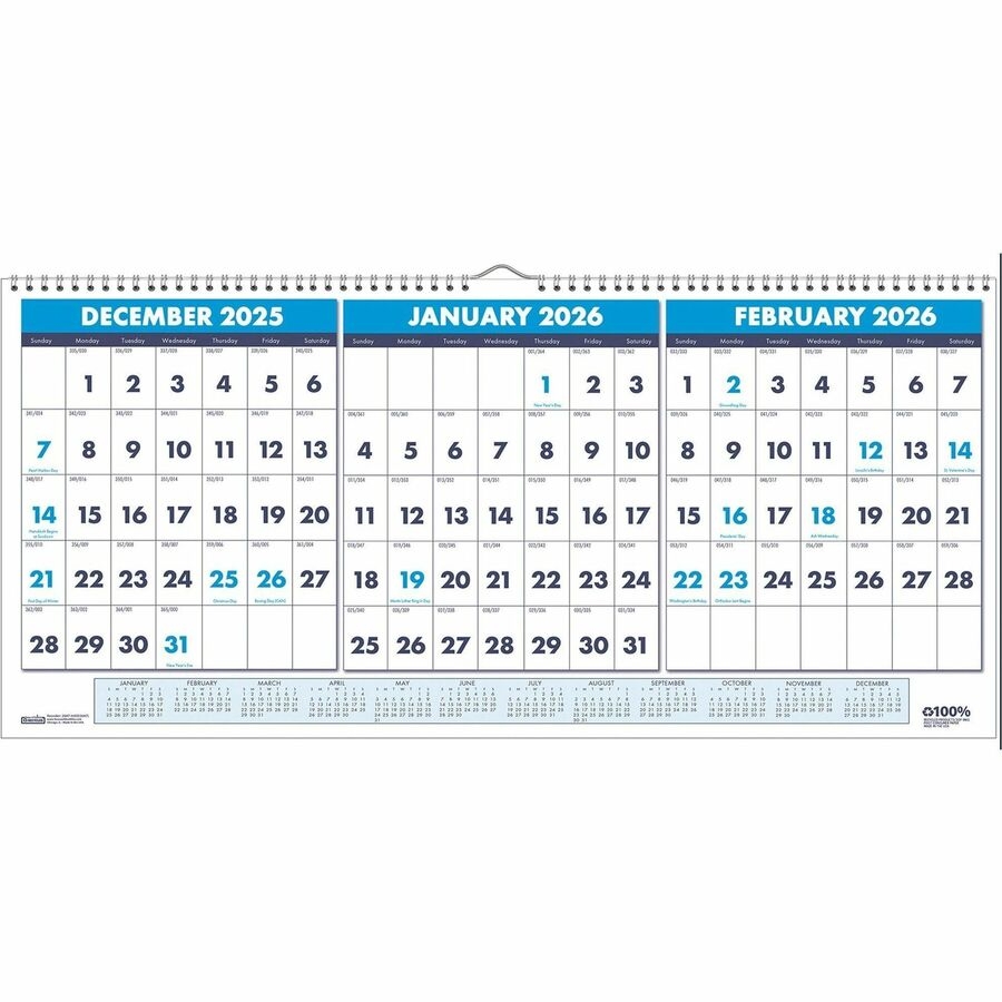 House Of Doolittle 3 month Horizontal Wall Calendar Julian Dates Monthly 14 Month December 2024 January 2026 12