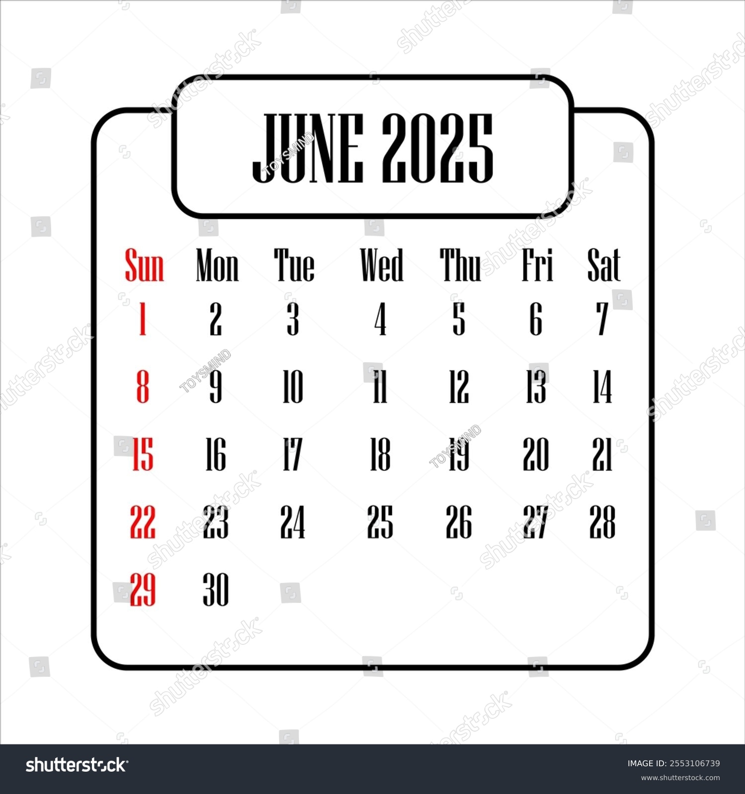 Illustration June 2025 Calendar Stock Vector Royalty Free 