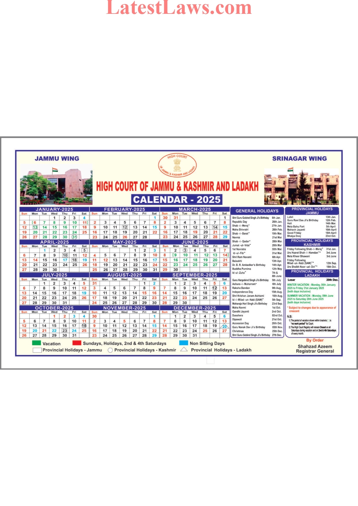 Jammu U0026 Kashmir And Ladakh High Court Calendar 2025