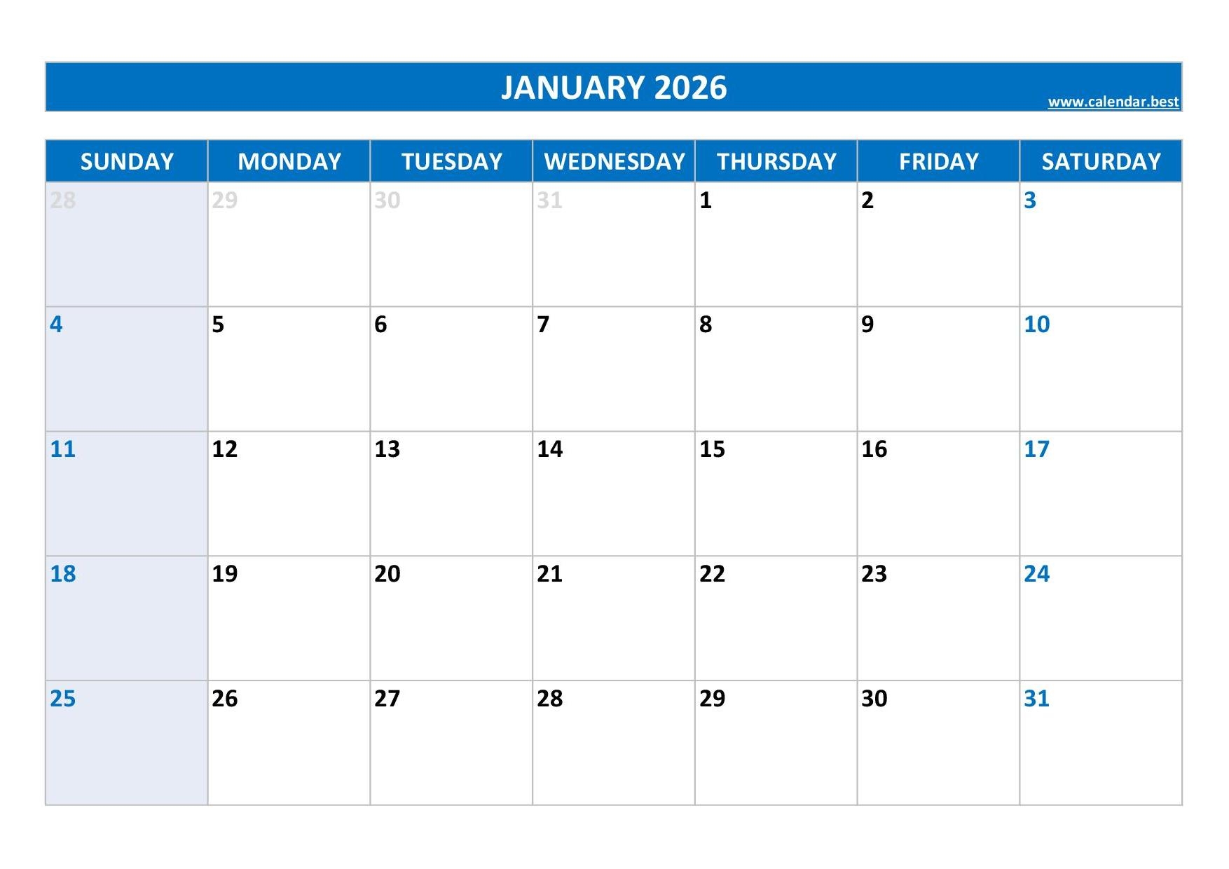 Print January 2026 Calendar