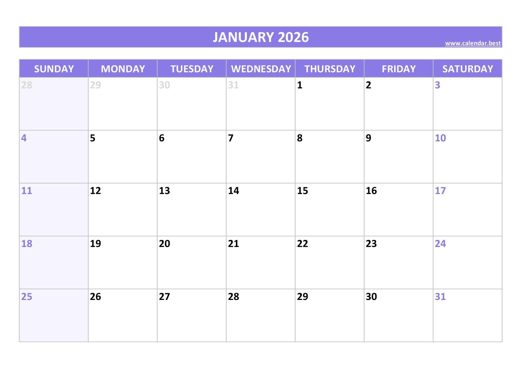 Free Printable January 2026 Calendar