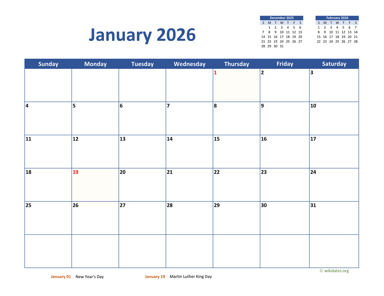 January 2026 Calendar Classic WikiDates