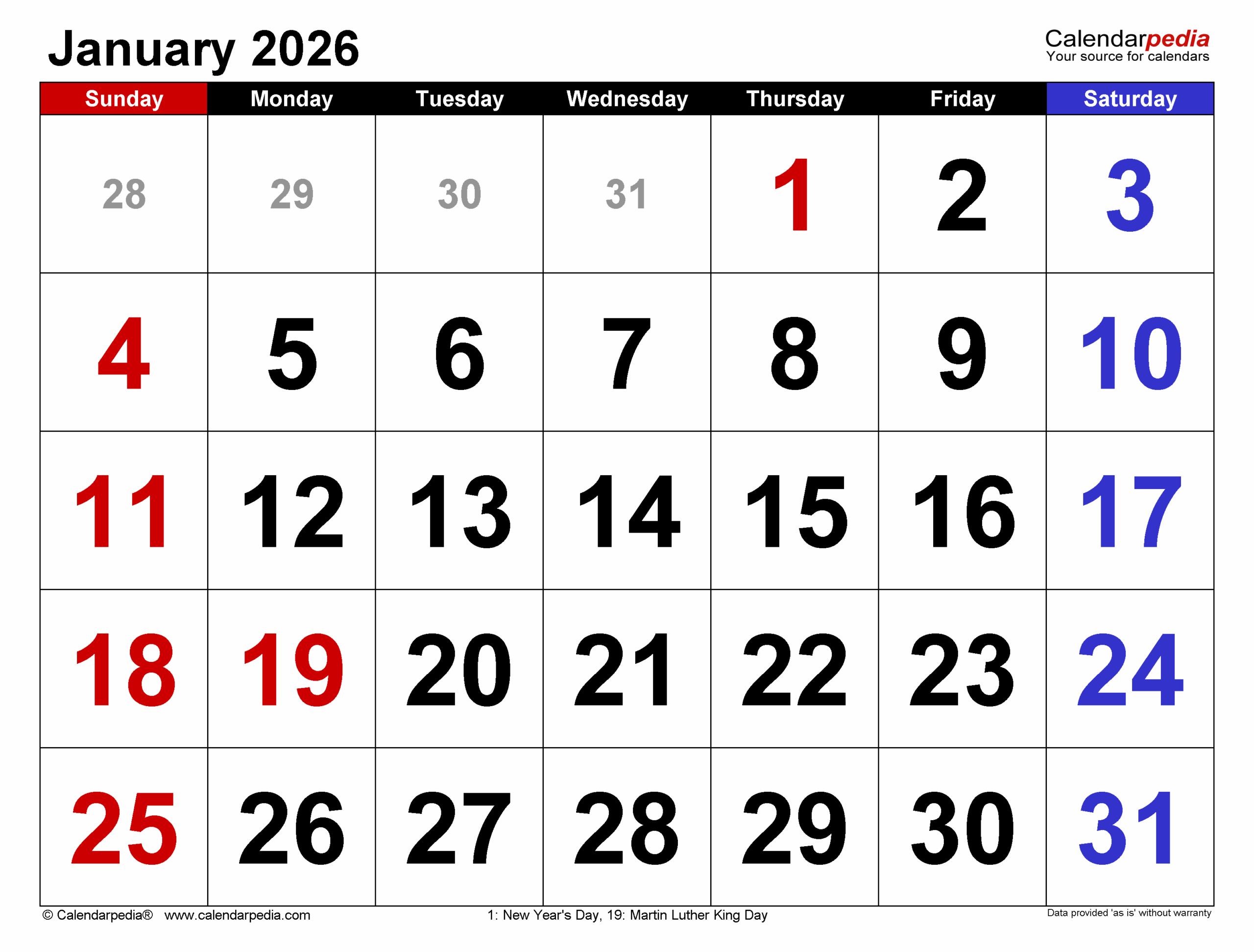 January February Calendar 2026