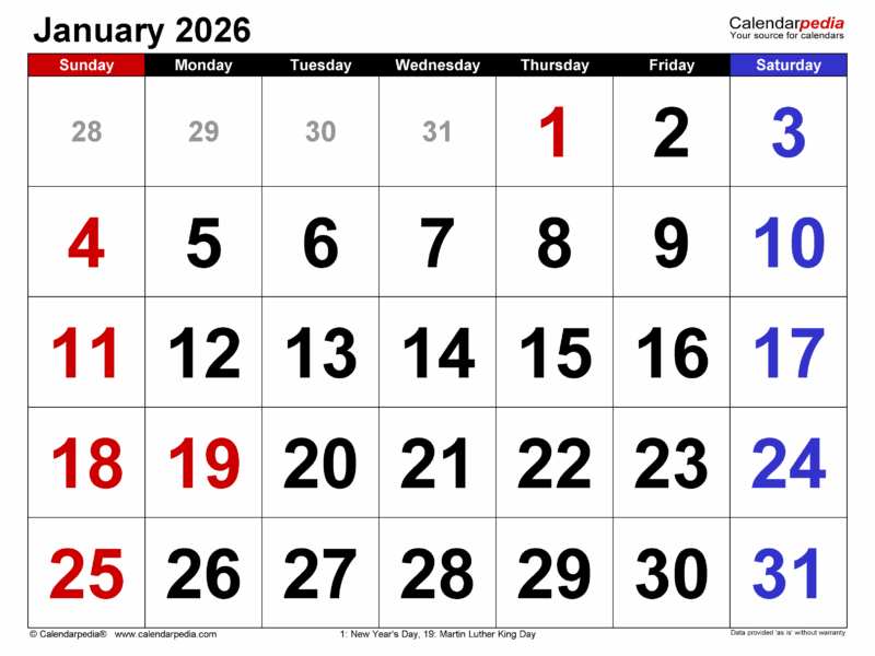 January 2026 Calendar Templates For PDF Excel And Word