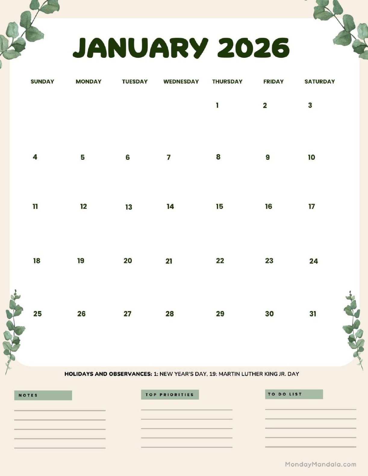 January 2026 Calendars Free PDF Printables 
