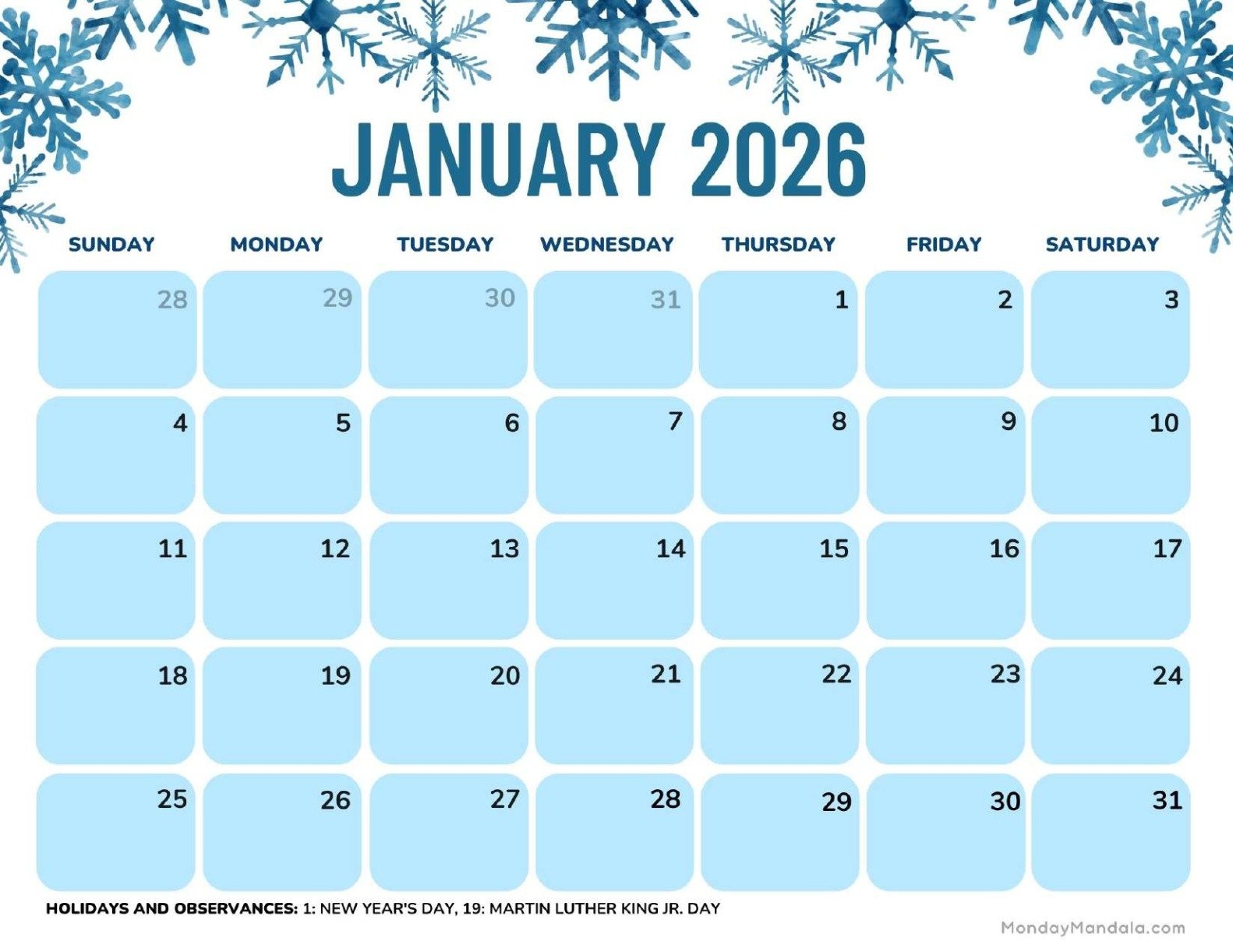 January 2026 Calendar With Holidays