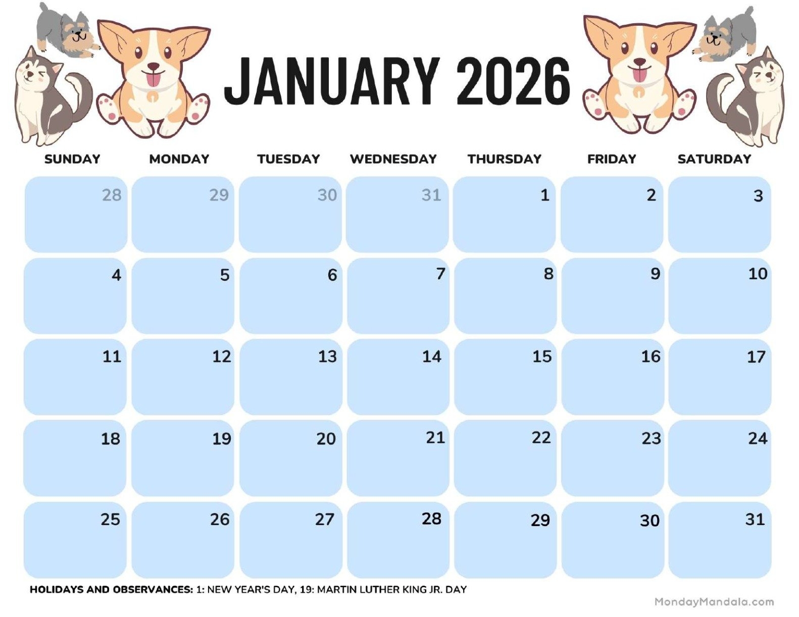 January Calendar 2026 Printable