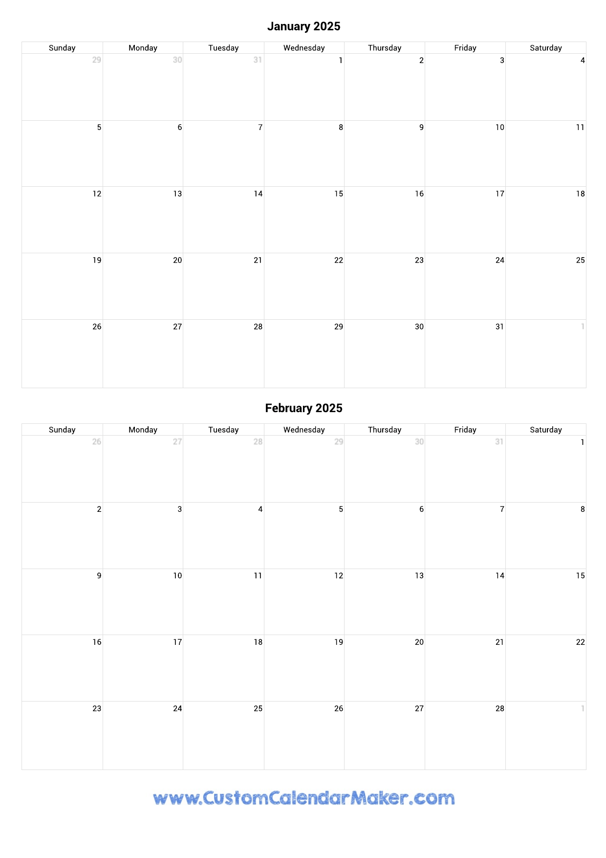 January And February 2025 Calendar Custom Calendar Maker