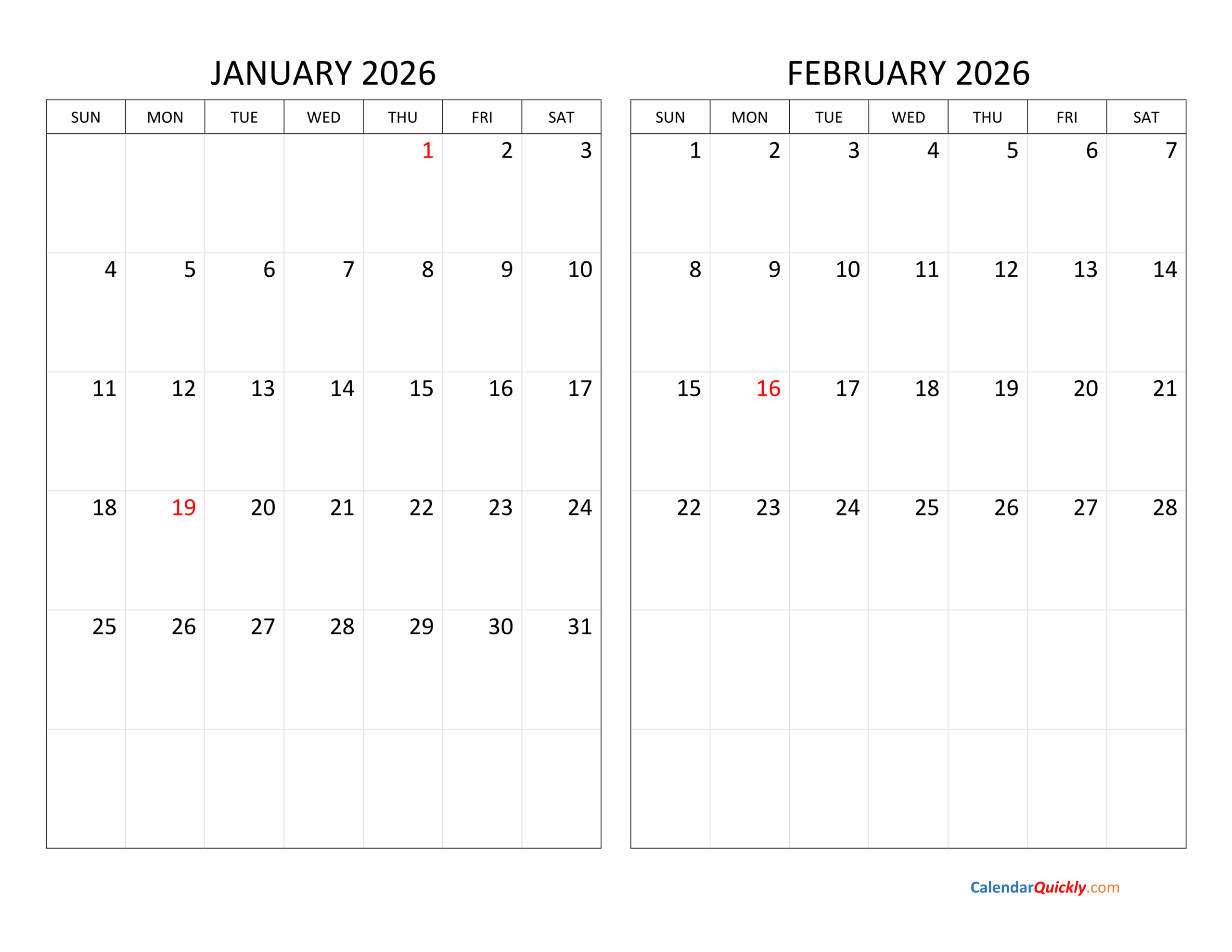January And February 2026 Calendar Calendar Quickly