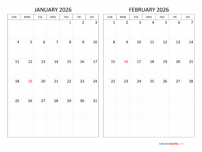 January And February 2026 Calendar Calendar Quickly
