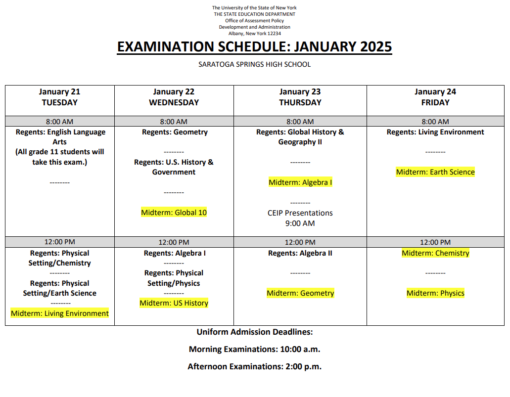 January Regents Midterm Exam Information Saratoga City School 