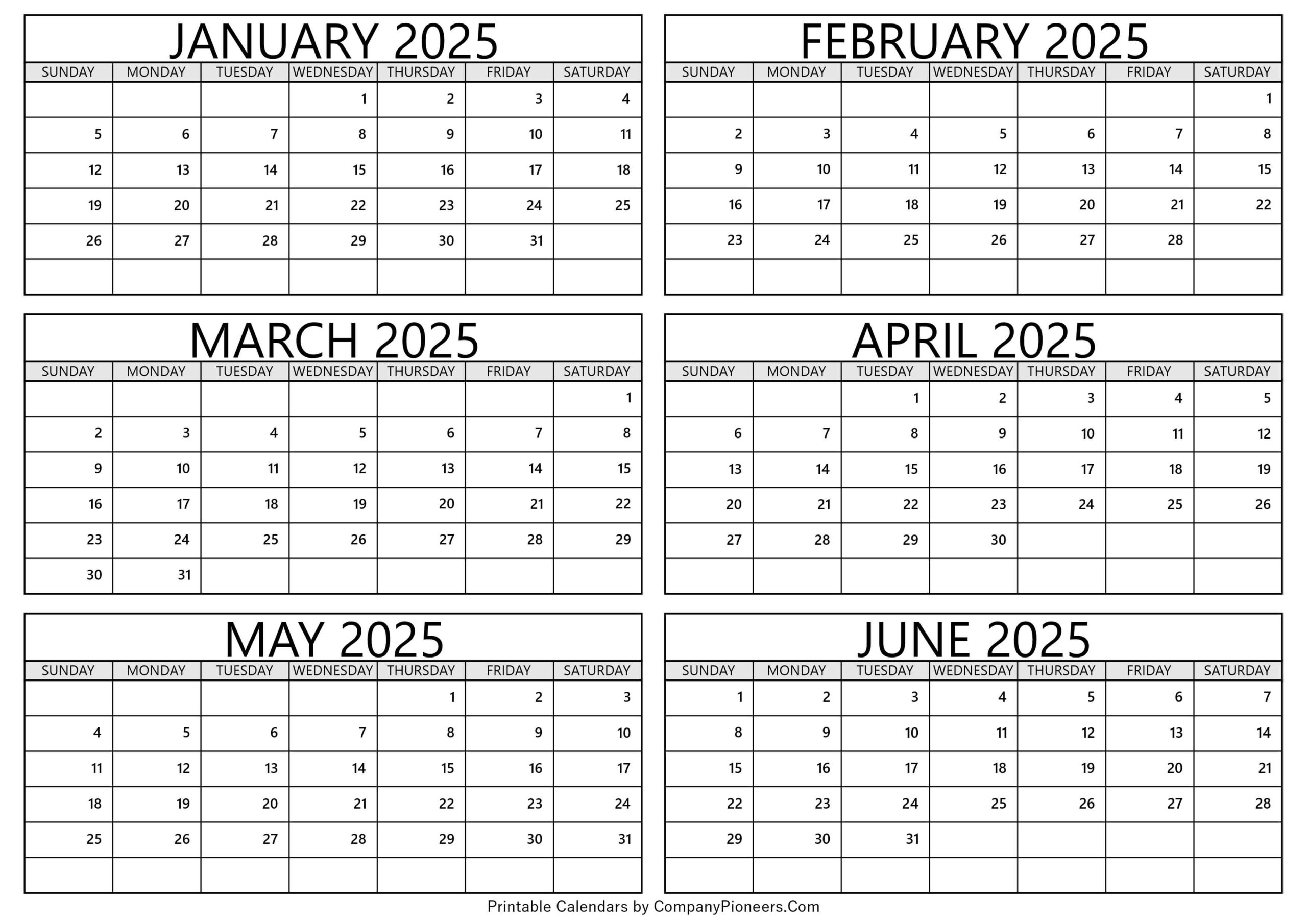 January To June 2025 Calendar Printable Template