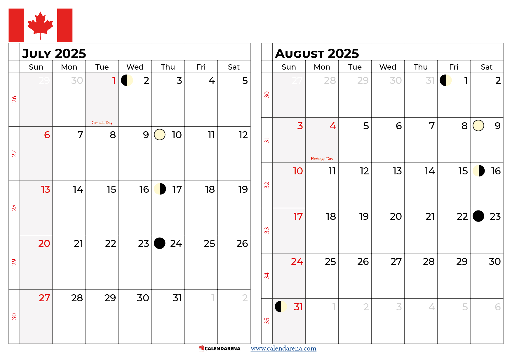July 2025 Calendar Canada