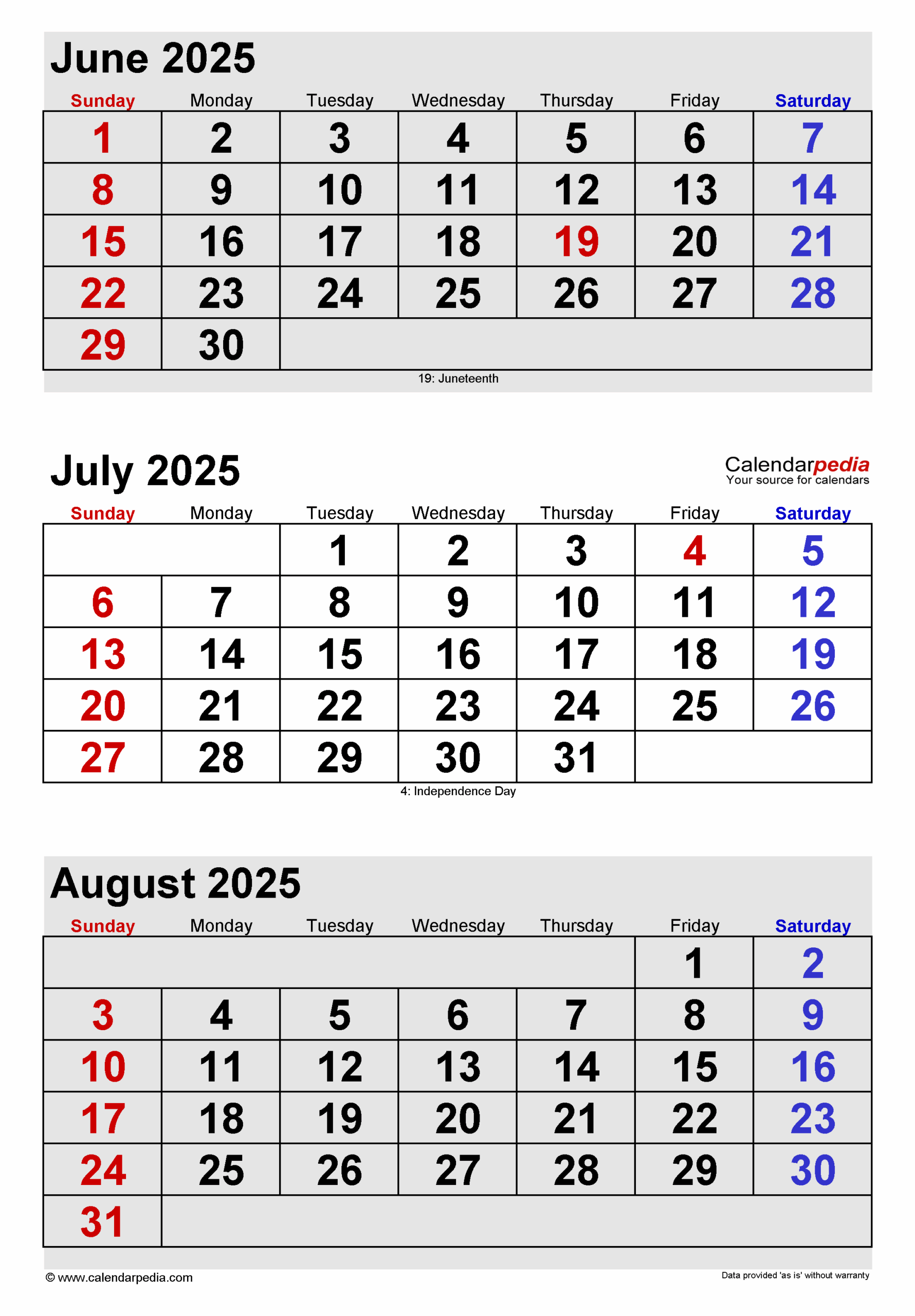 June July August 2025 Calendar Editable