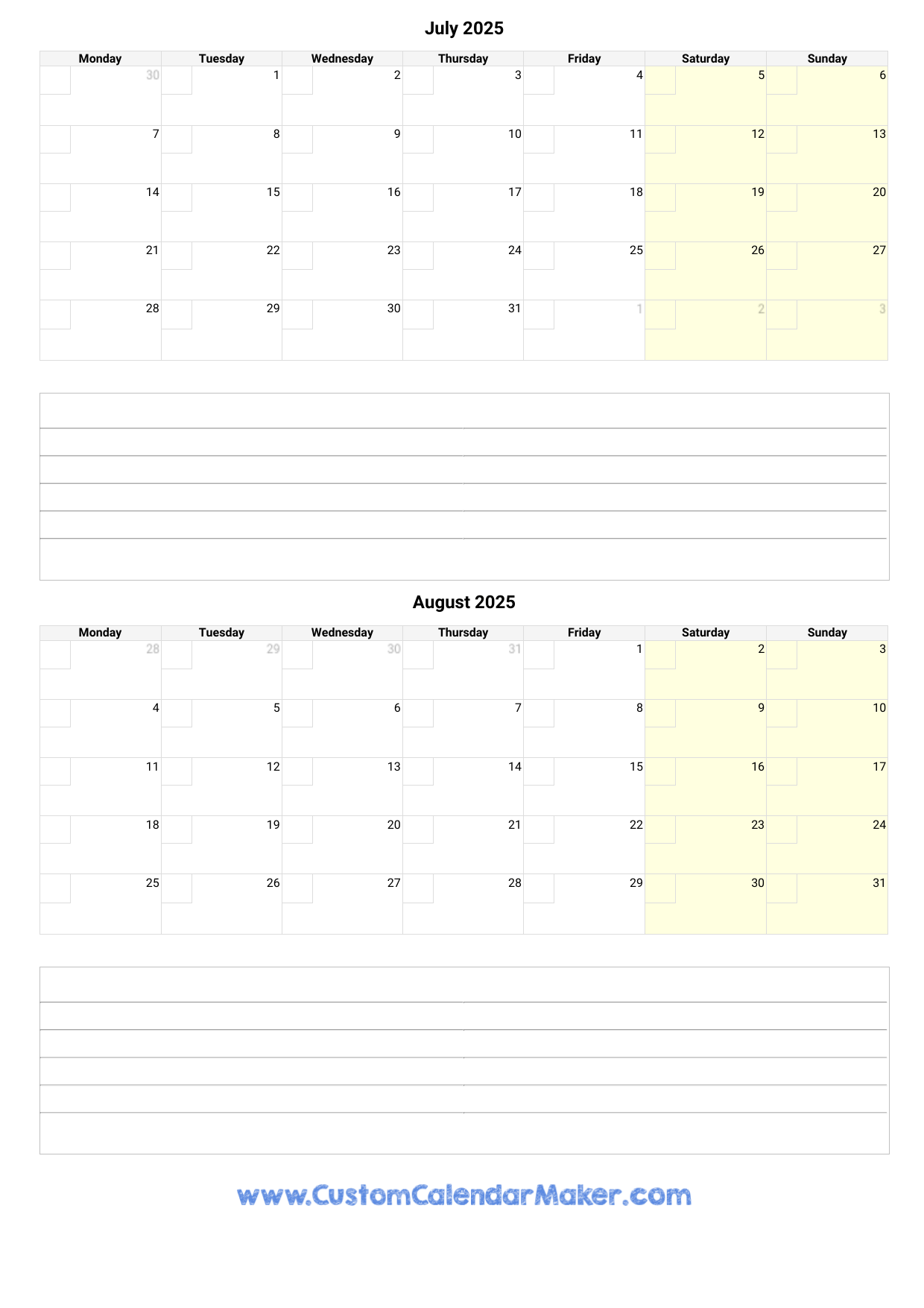 July And August 2025 Calendar Custom Calendar Maker