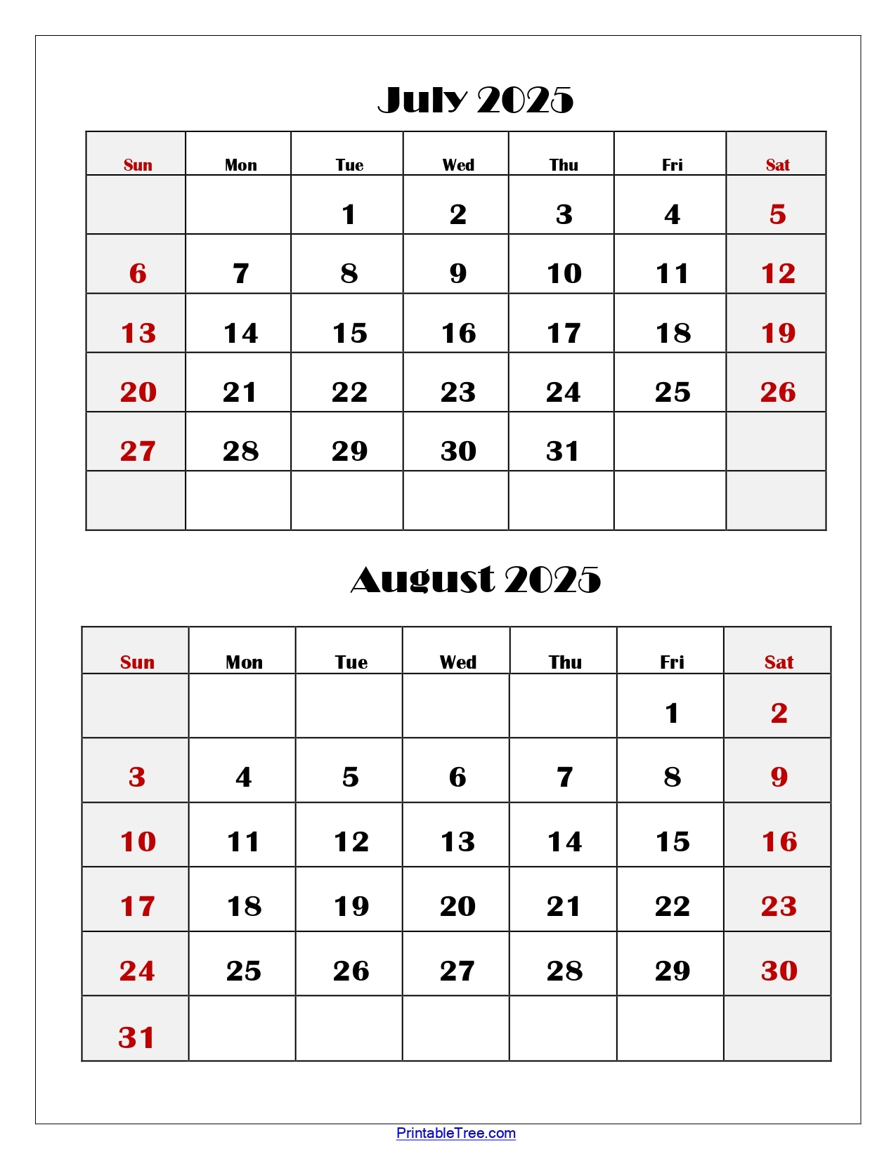 3 Month Calendar June July August 2025