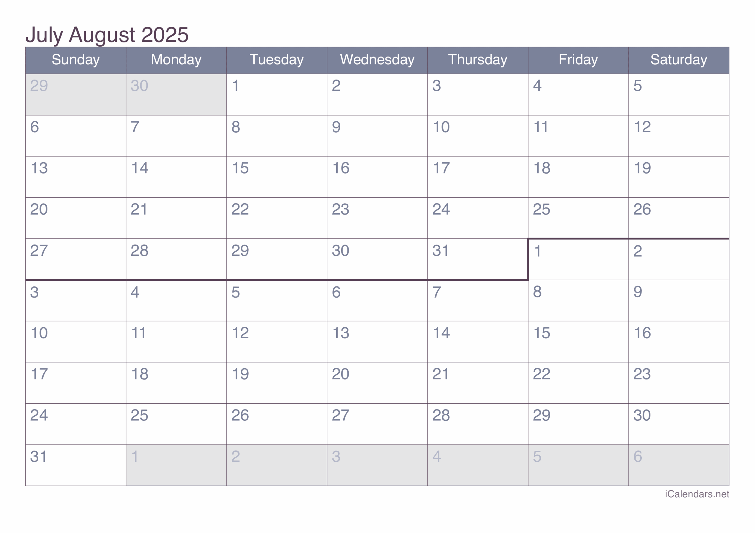 June August Calendar 2025