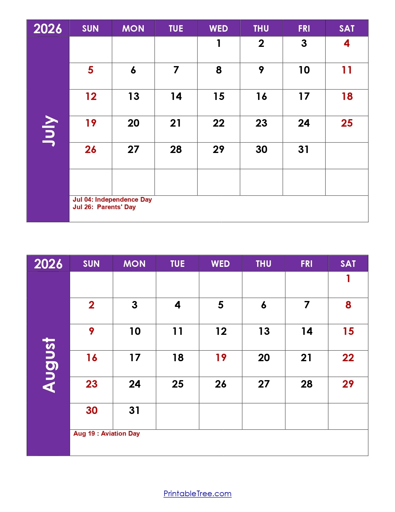 July And August 2026 Calendar Printable PDF 2 Month Calendar 
