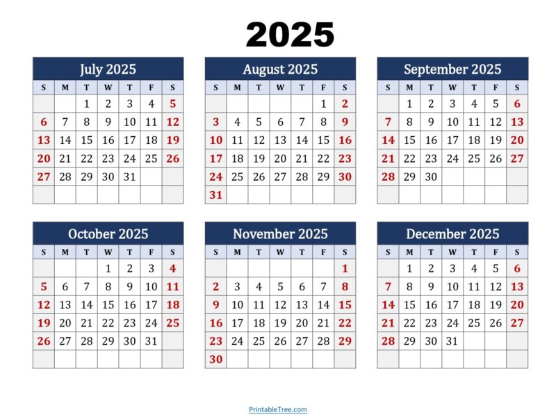 July To December 2025 Calendar Printable PDF Six Months Calendar