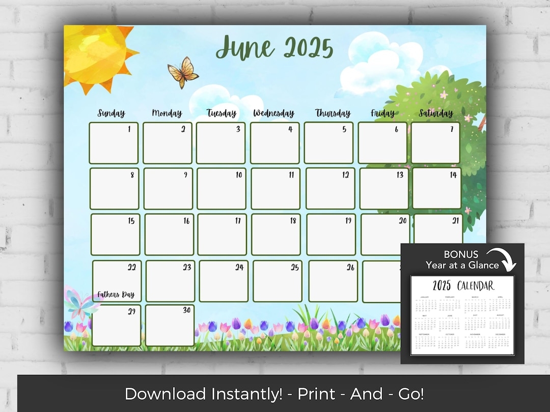 June 2025 Calendar Kids Calendar Printable Calendar 2025 Monthly Calendar Printable 2025 Wall Calendar 2025 Calendar Printable Etsy