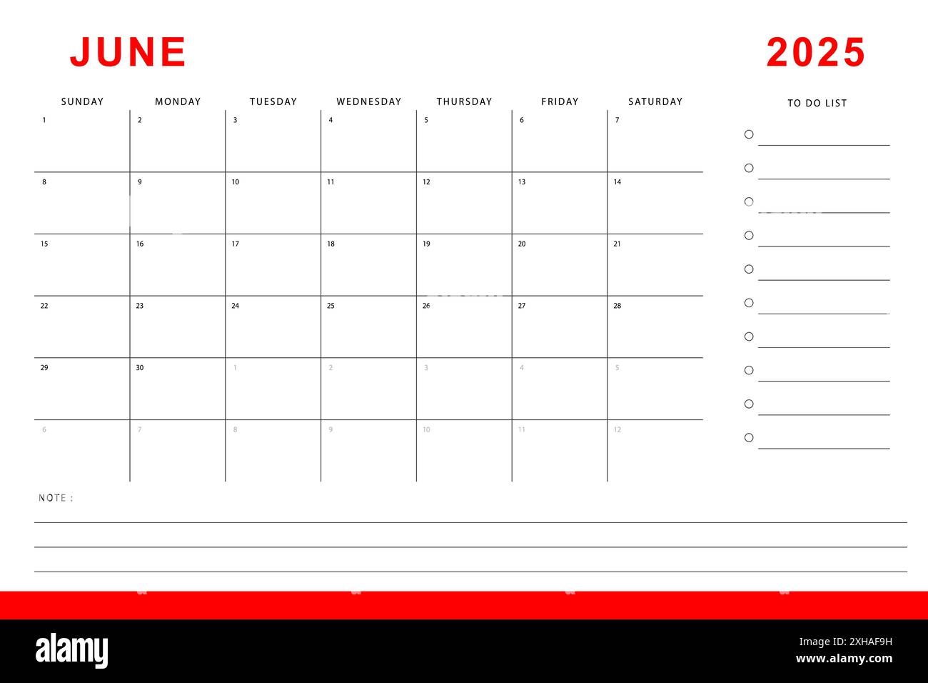 June 2025 Calendar Monthly Planner Template Sunday Start Vector Design Stock Vector Image U0026 Art Alamy