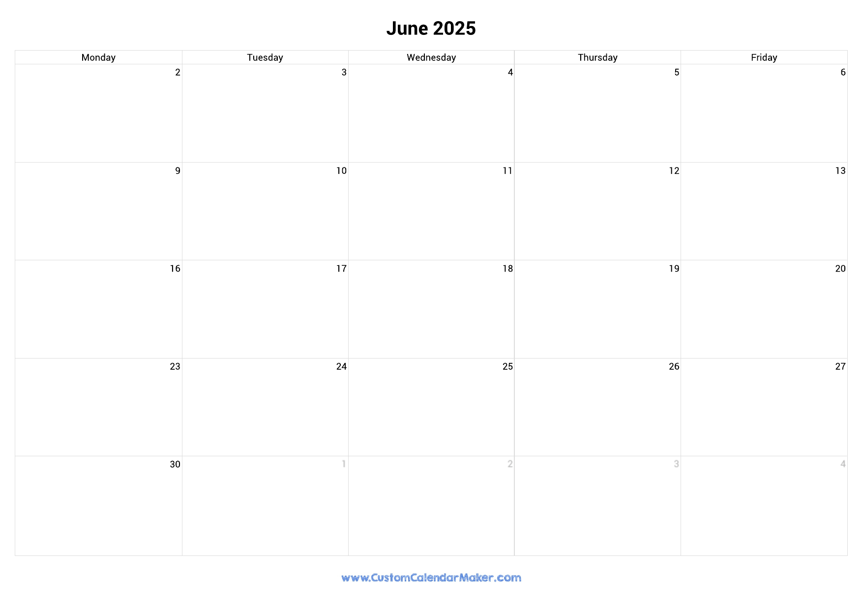 June 2025 Calendar Weekdays Only Monday To Friday Custom 