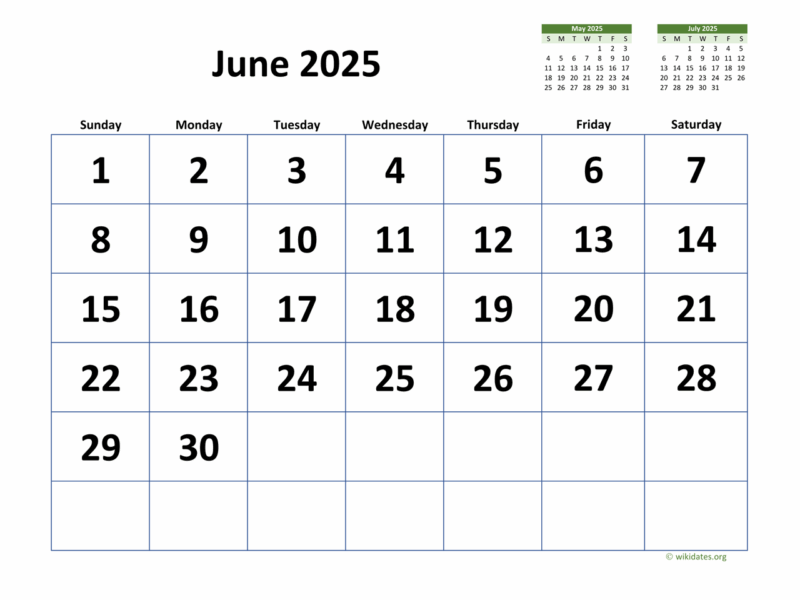 June 2025 Calendar With Extra large Dates WikiDates