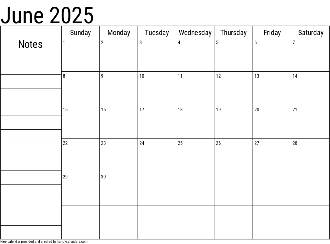 June 2025 Calendar With Notes Handy Calendars