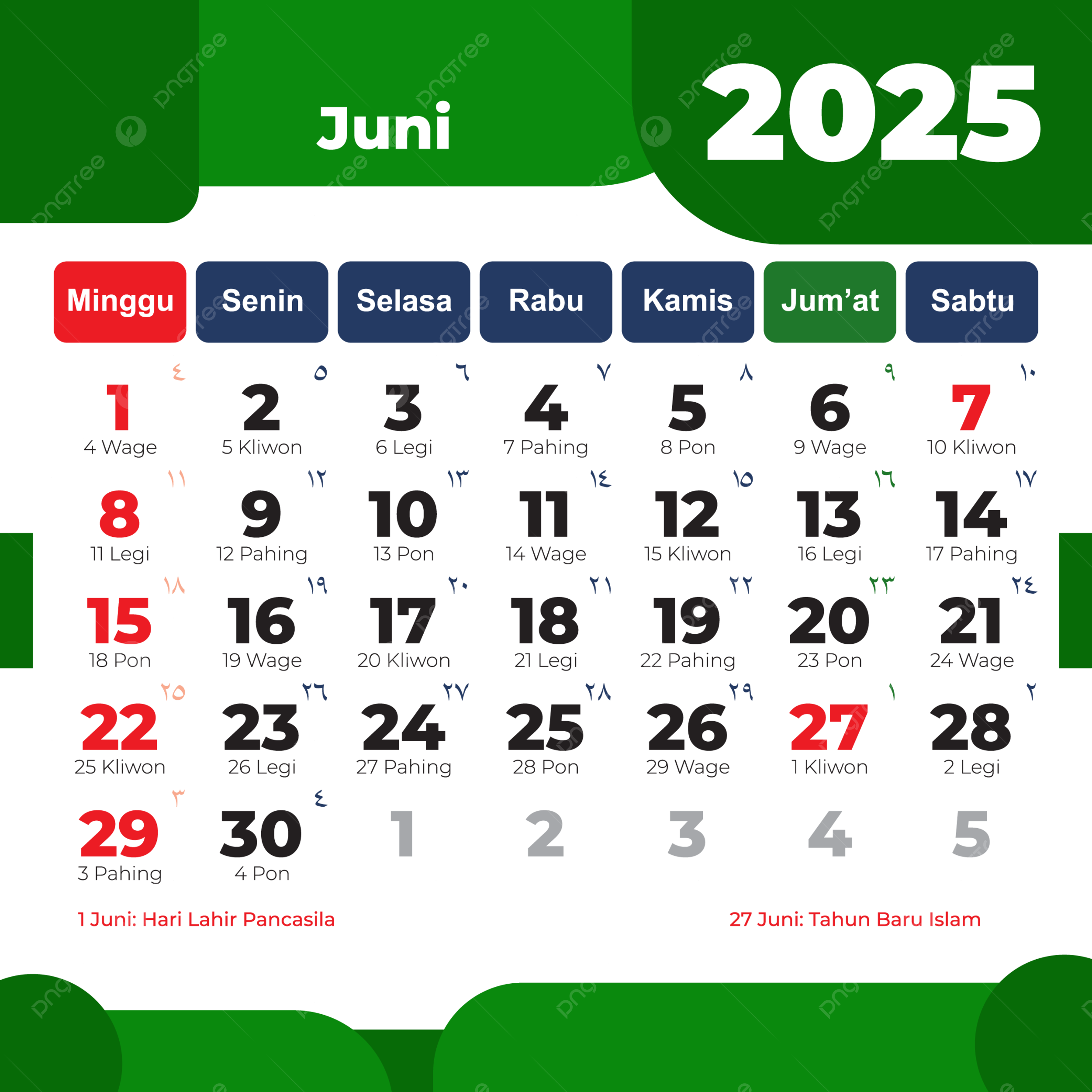 June 2025 Complete Indonesian Calendar In Green Vector 2025 Calendar Indonesian Calendar June PNG And Vector With Transparent Background For Free Download