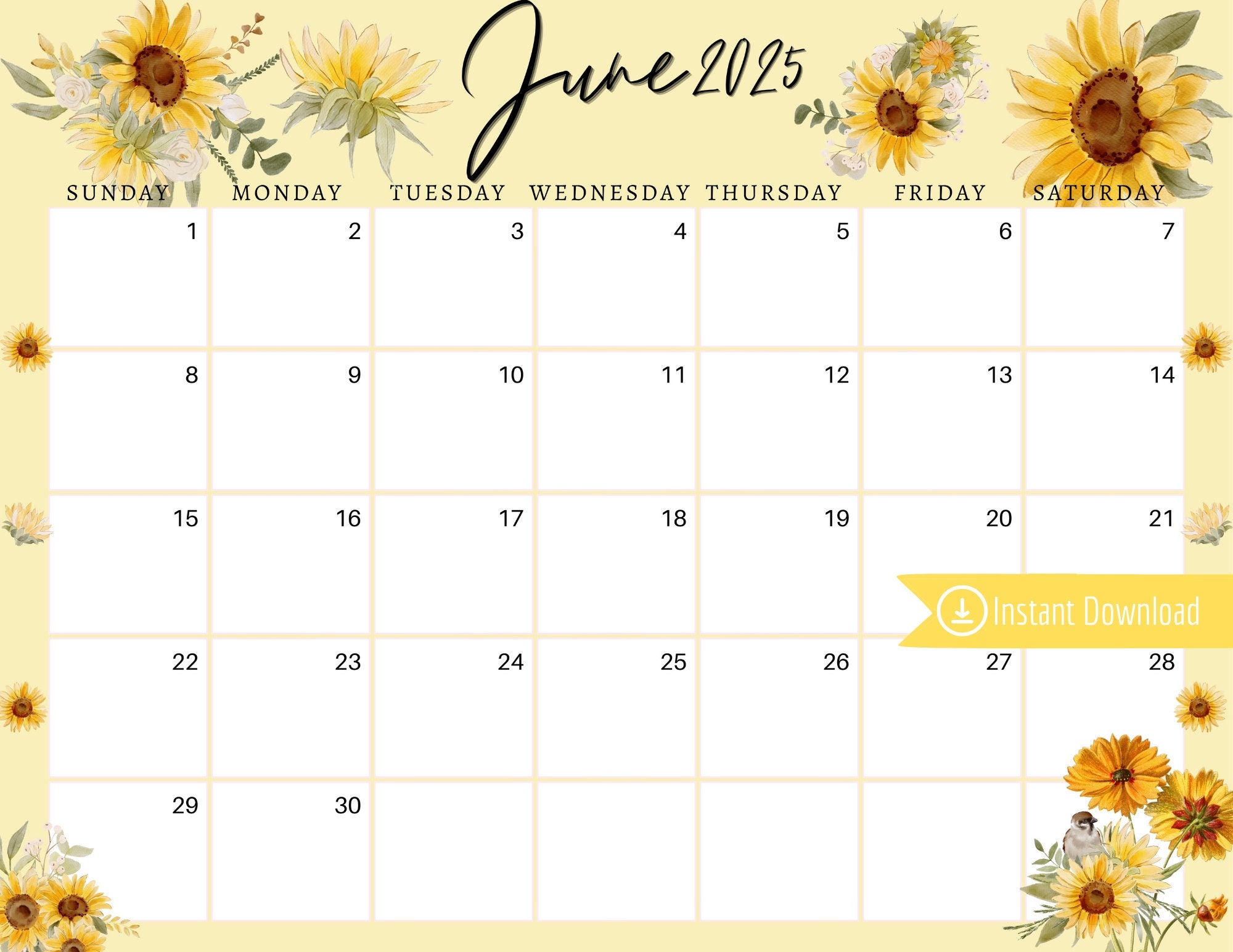 June 2025 Digital Calendar Yellow Sunflowers Planner Editable Fillable Printable Calendar For Planning PDF PNG And JPG Download Etsy