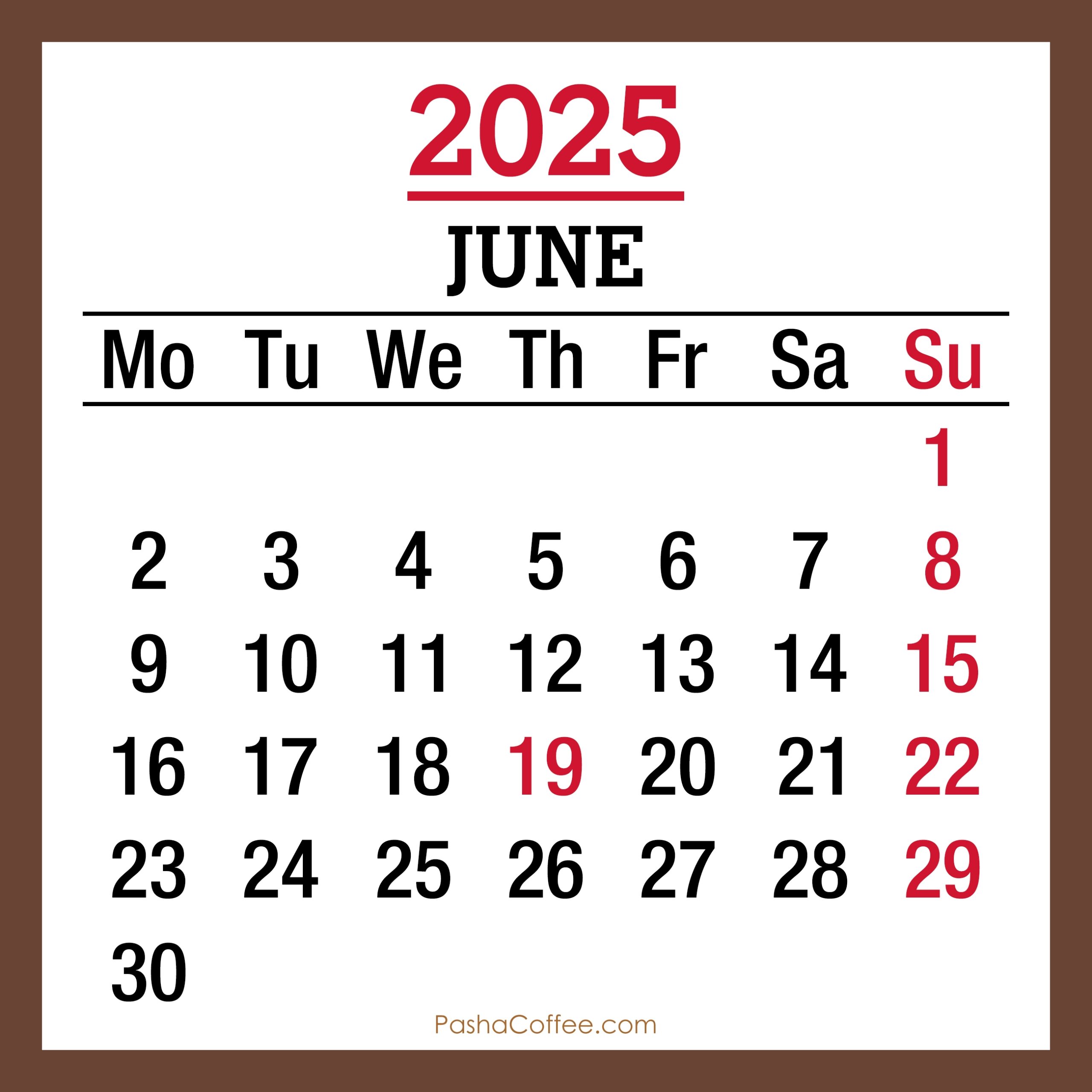 June 2025 Monthly Calendar With Holidays Printable Free Brown Monday Start PashaCoffee