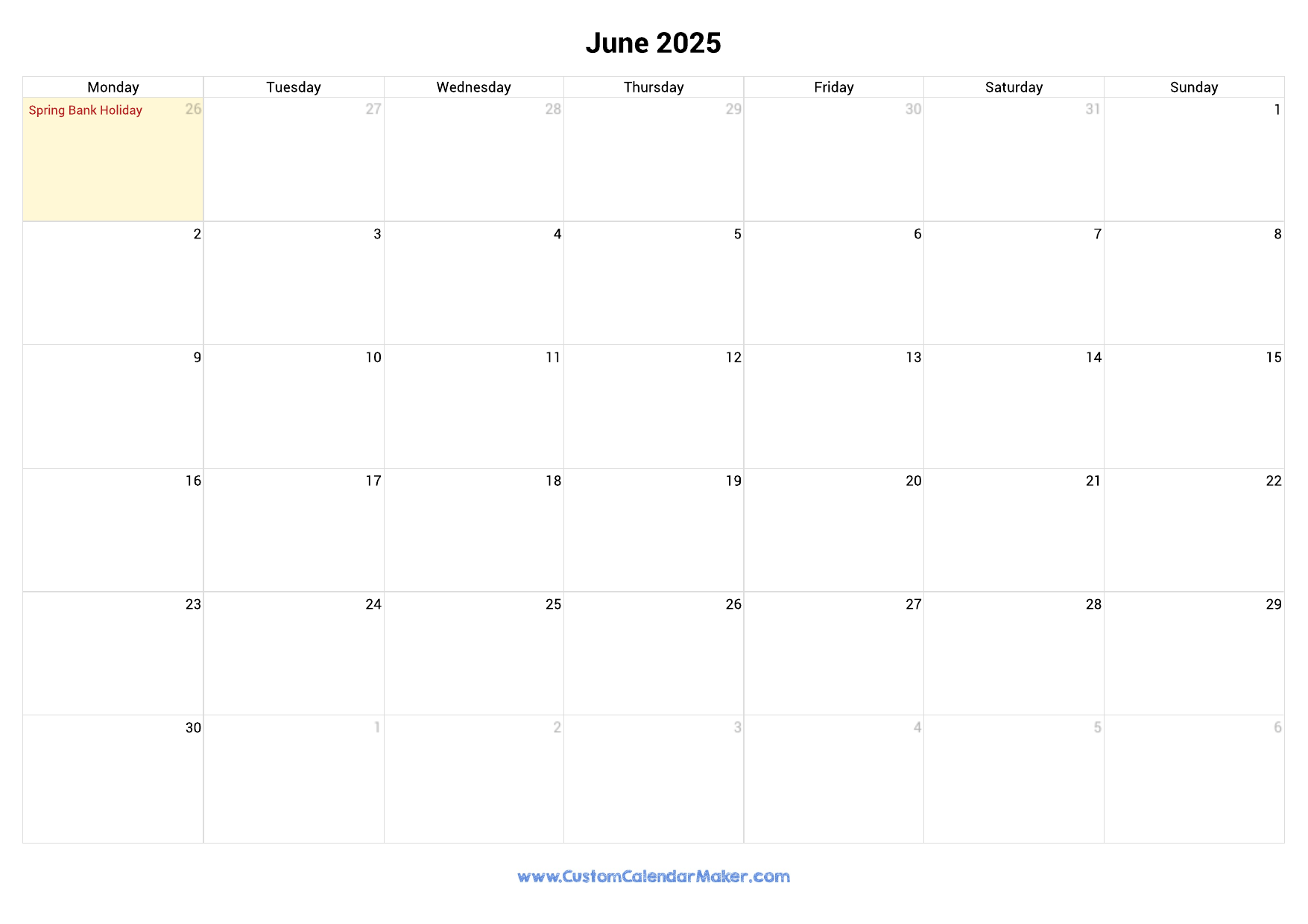 June 2025 Printable Calendar With UK Bank Holidays Custom 