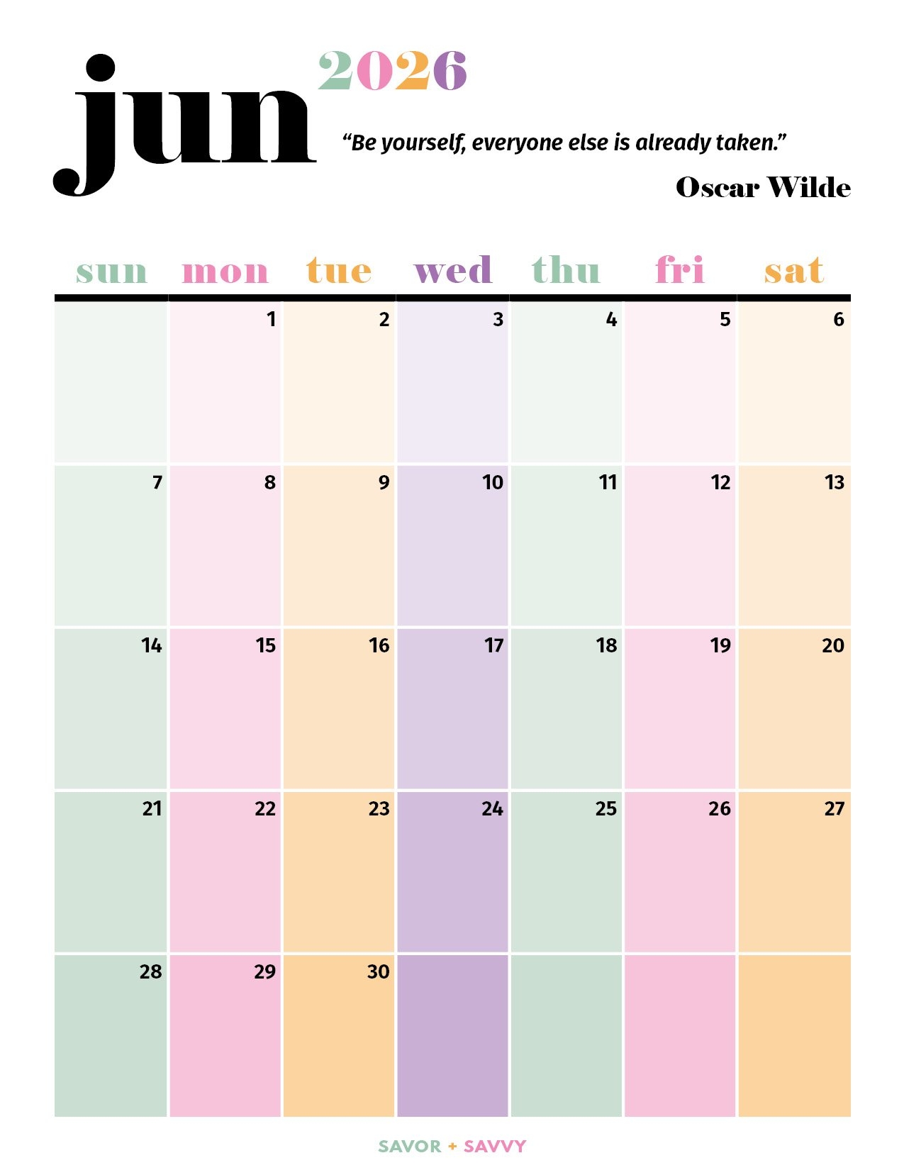 June 2026 Calendar Templates 14 Free Printables Savor Savvy