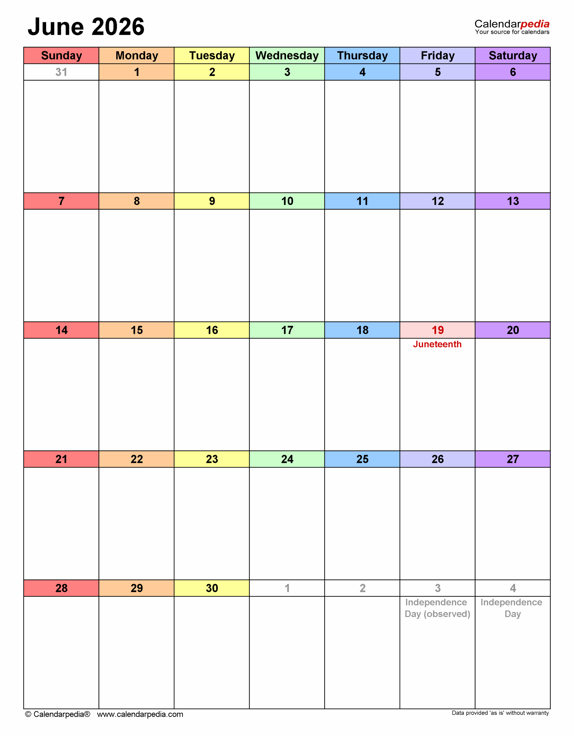 June 2026 Calendar Templates For PDF Excel And Word