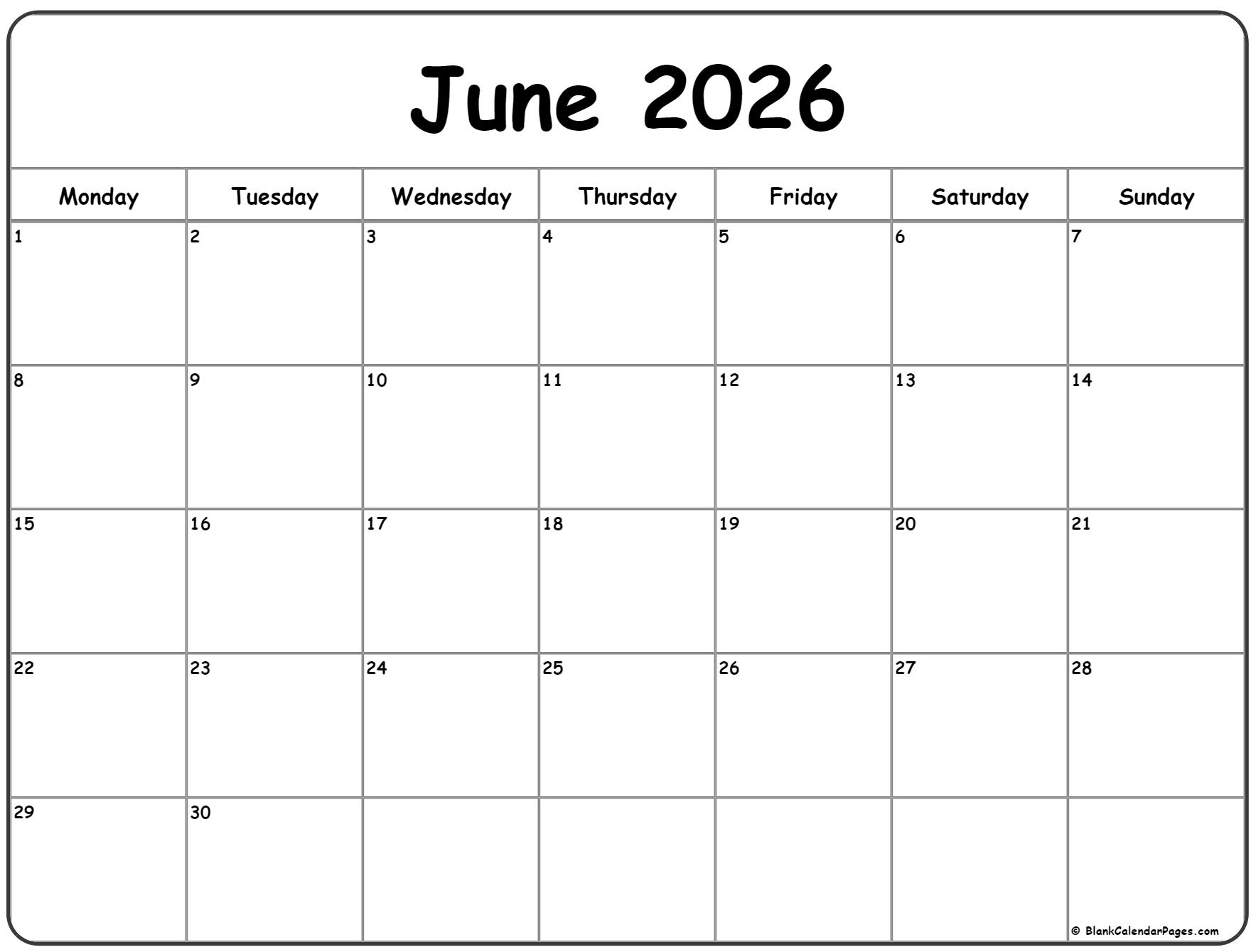 June 2026 Monday Calendar Monday To Sunday