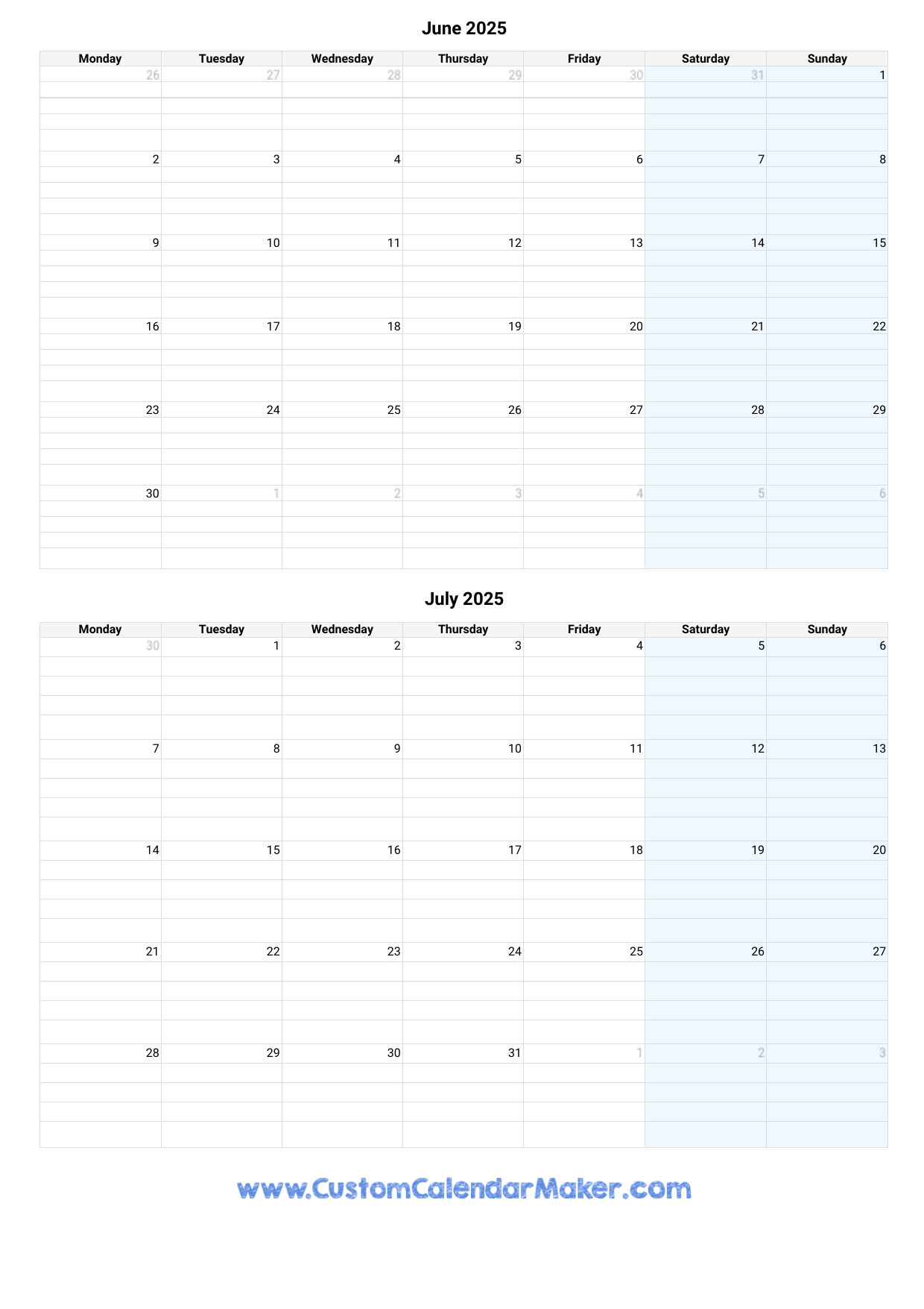 June And July 2025 Calendar Custom Calendar Maker