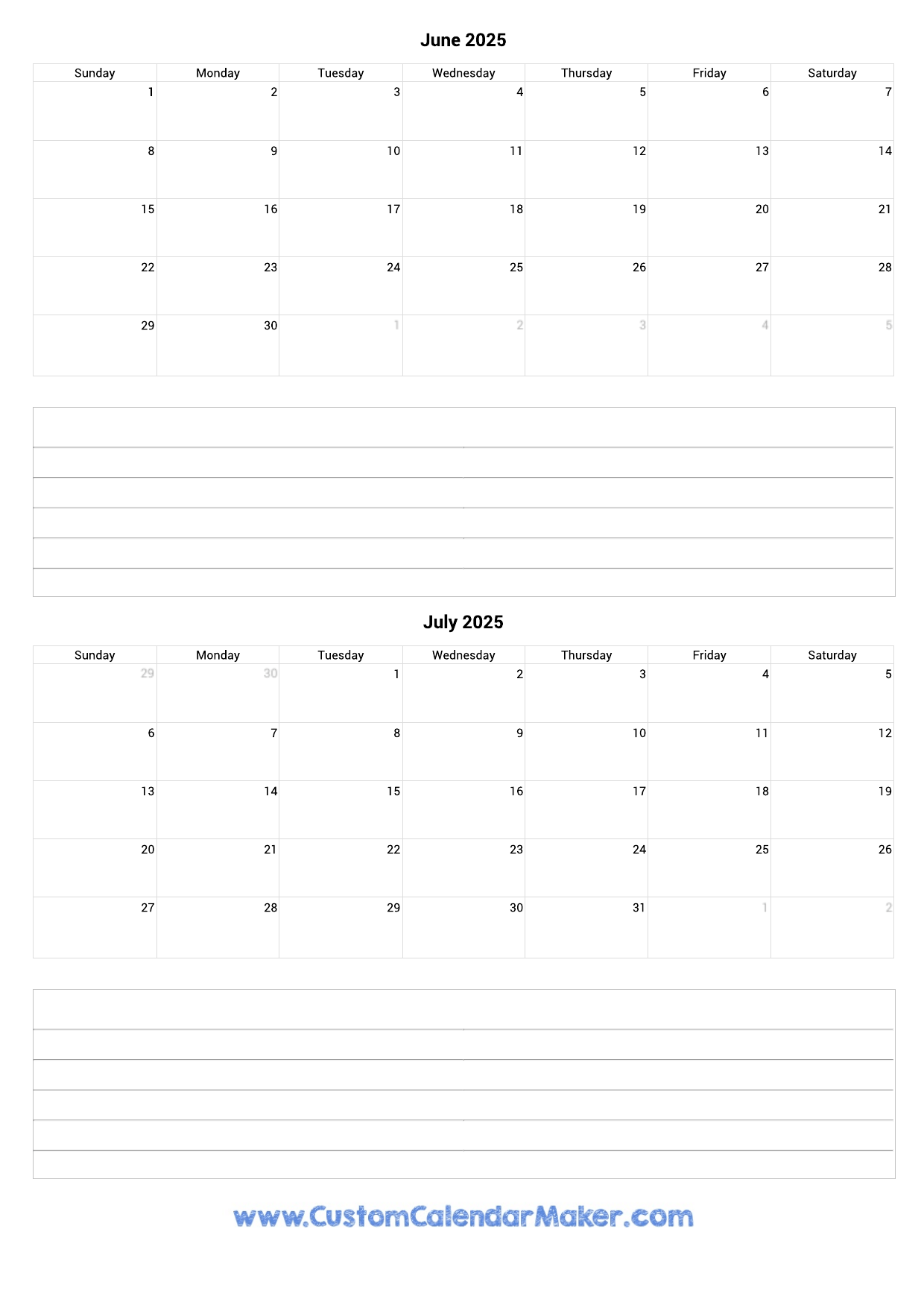 June And July 2025 Calendar Custom Calendar Maker