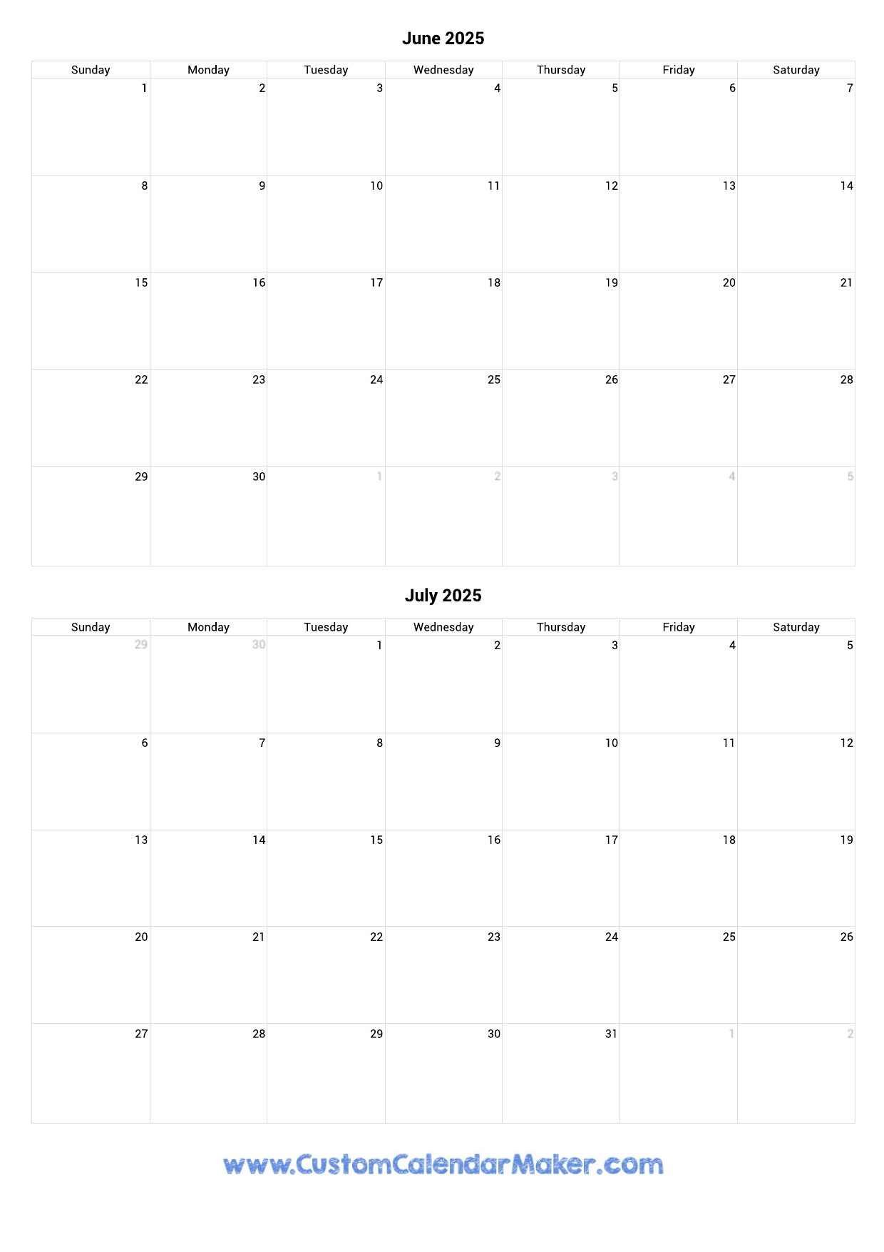 January - June 2025 Calendar