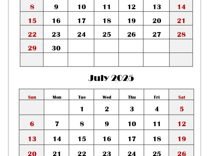 June And July 2025 Calendar Printable PDF Two Months Calendar