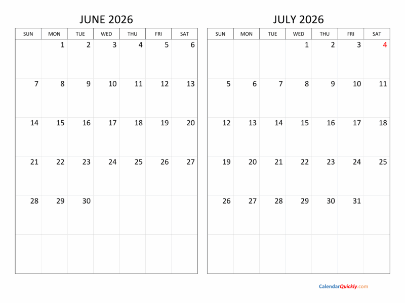 June And July 2026 Calendar Calendar Quickly