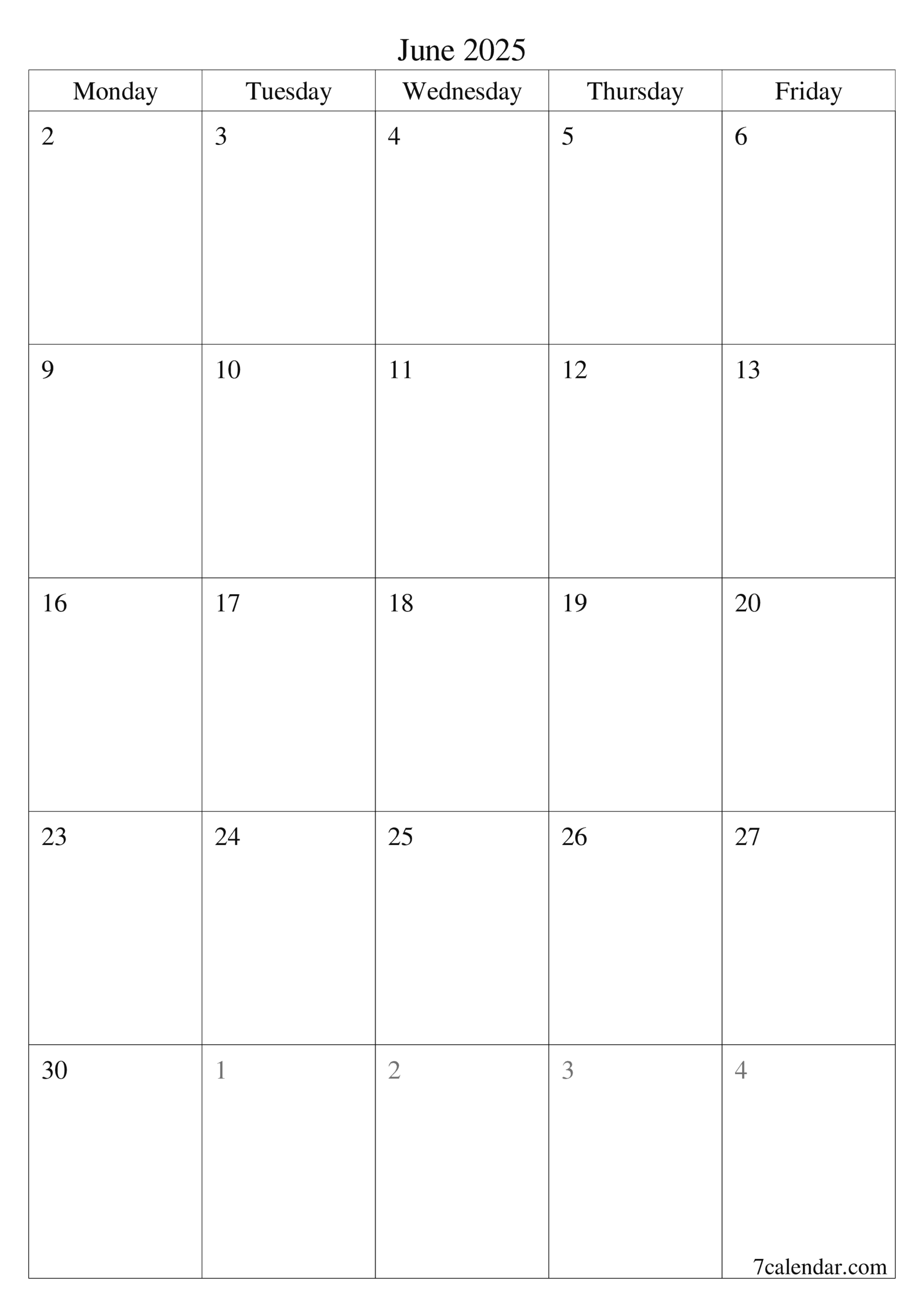 June Calendar 2025 Printable Template 7calendar
