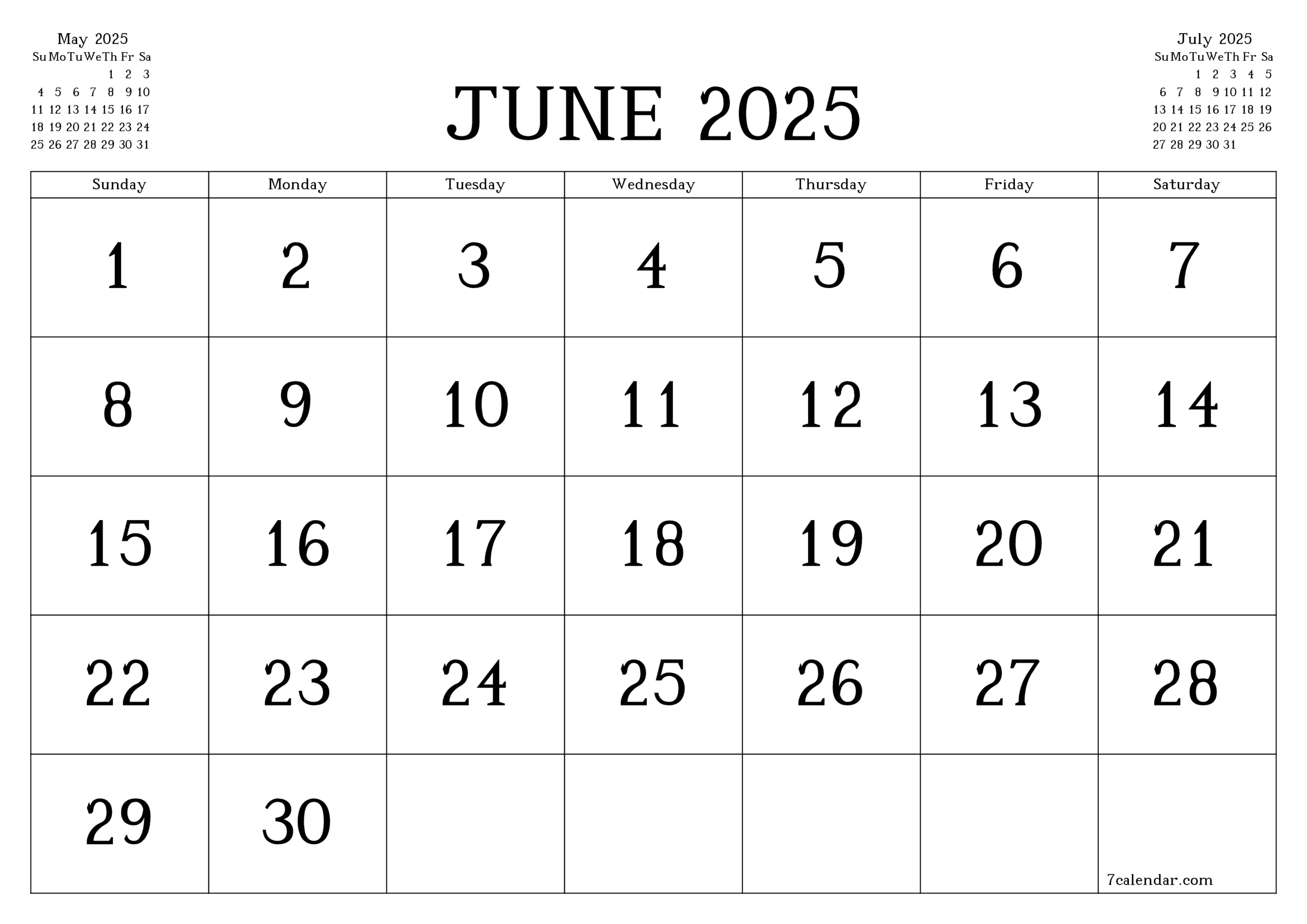 June Calendar 2025 Printable Template 7calendar