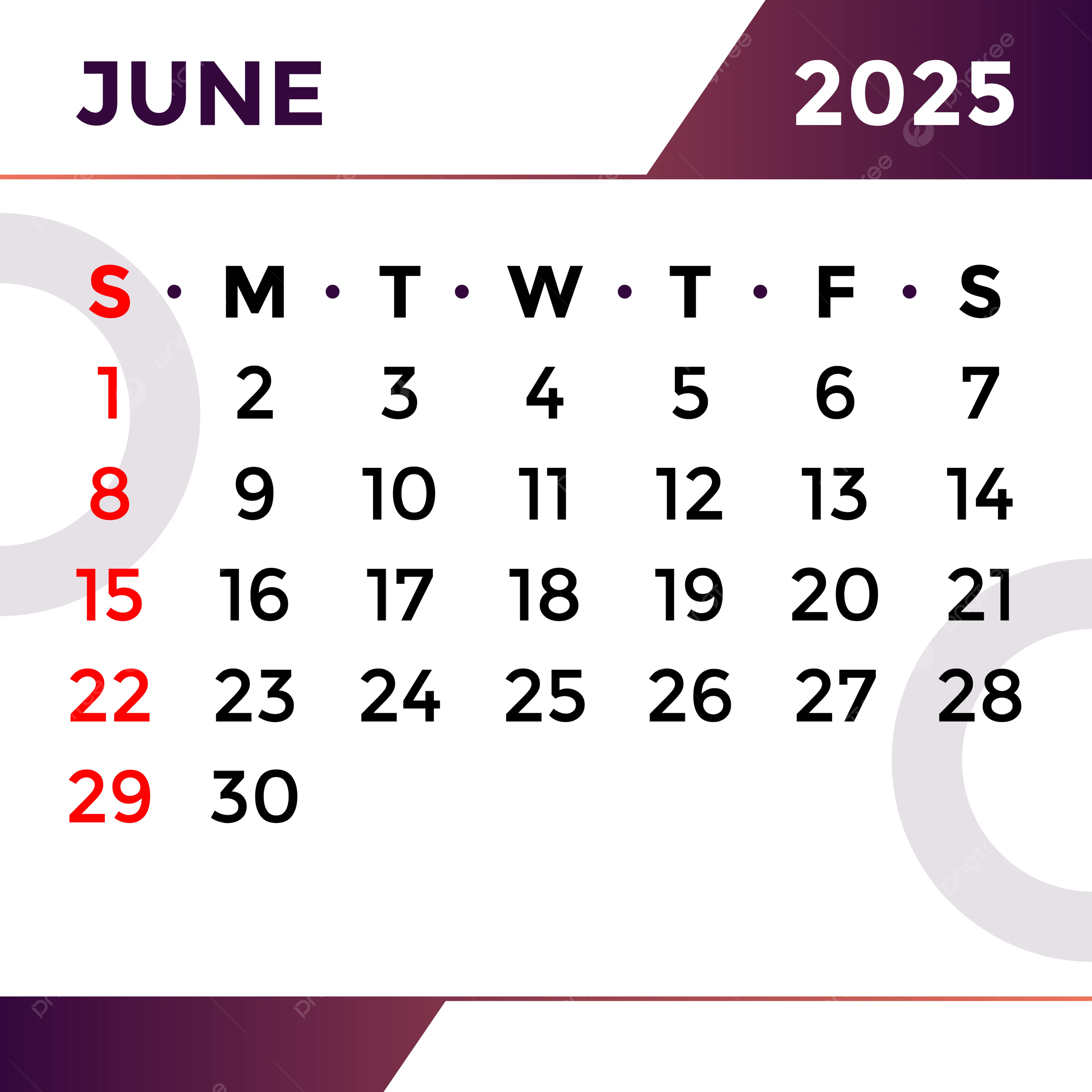 June Month Calendar 2025 Vector Template Download On Pngtree