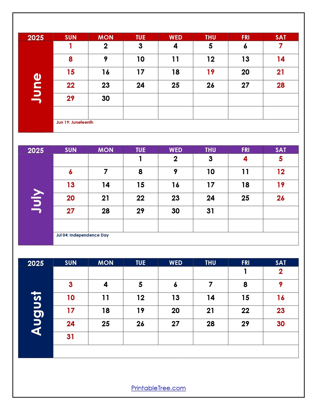 June To August 2025 Calendar Printable PDF Three Months Calendar