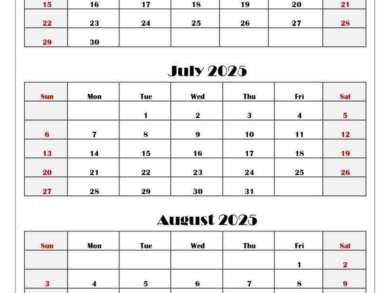 June To August 2025 Calendar Printable PDF Three Months Calendar