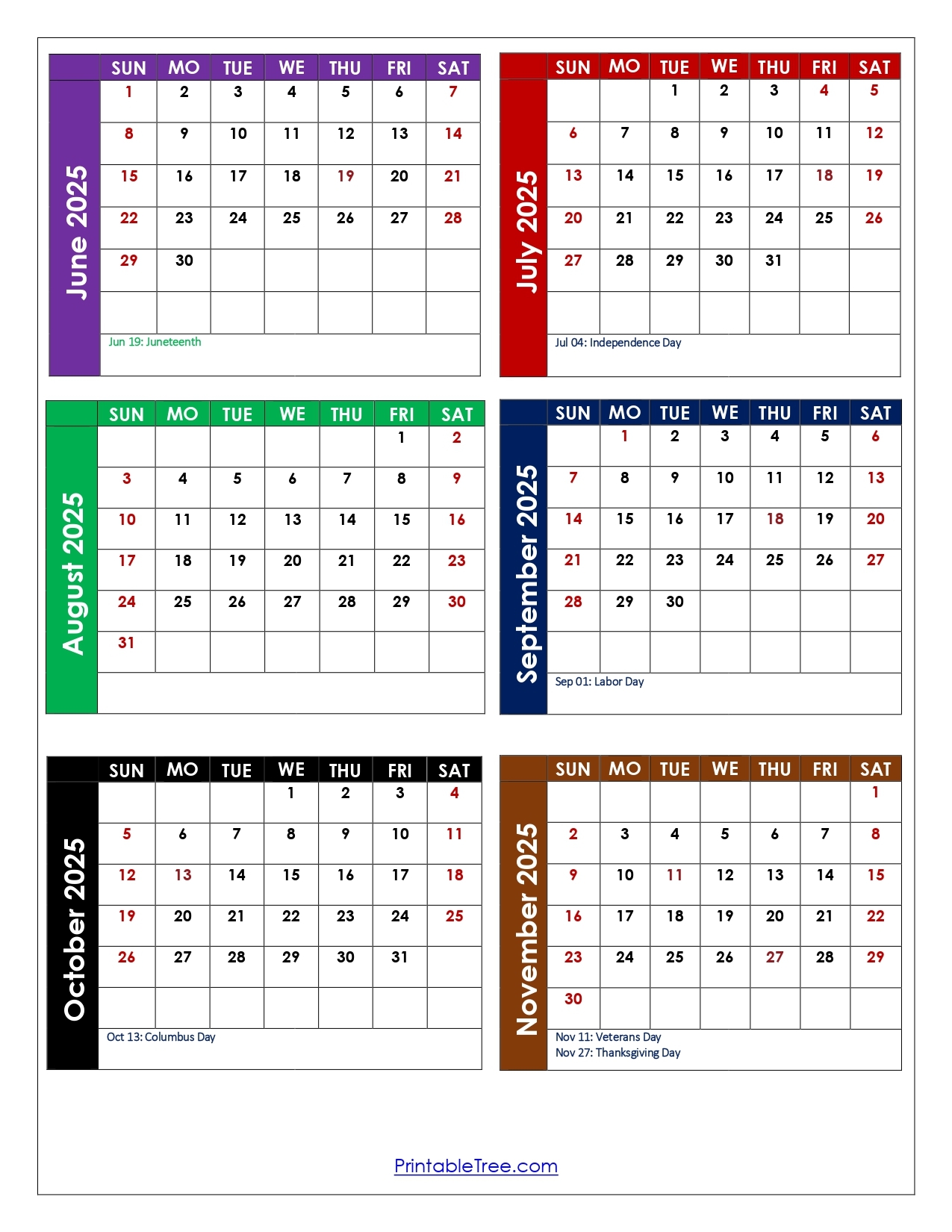 June To November 2025 Calendar Printable PDF Six Months Calendar