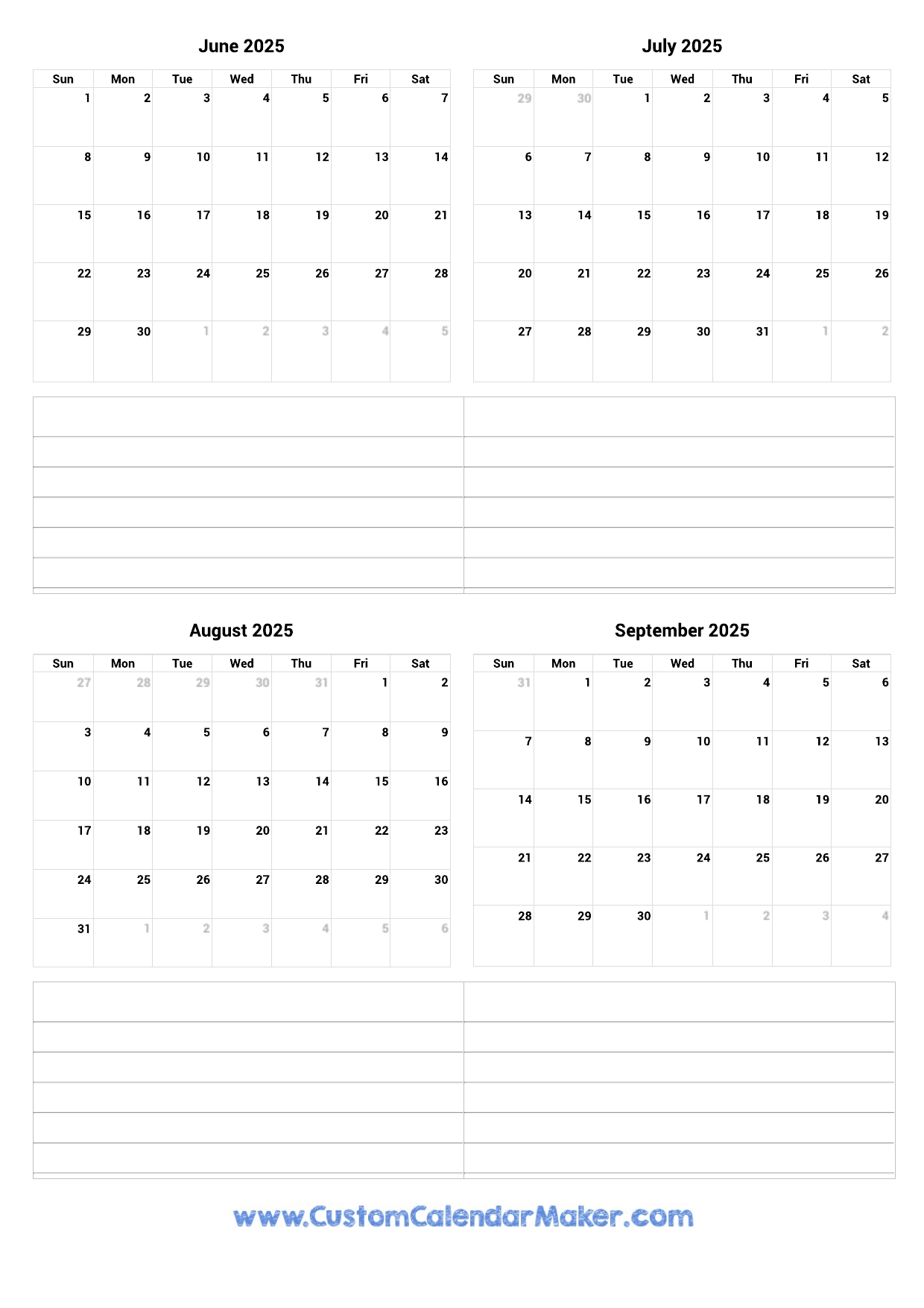 June To September 2025 Printable Calendar Custom Calendar Maker