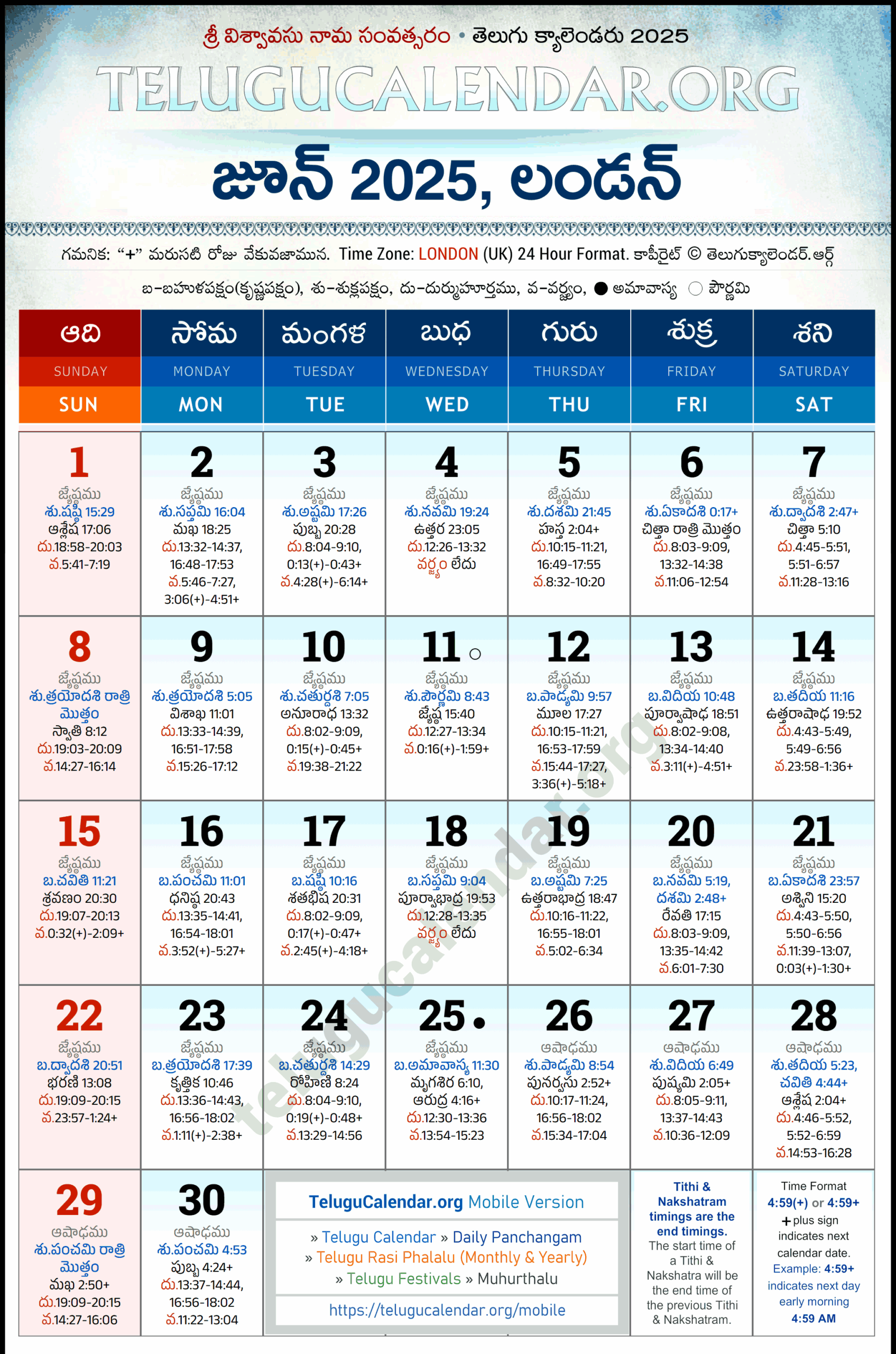 London Telugu Calendar 2025 June PDF Festivals