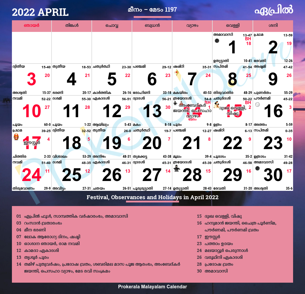 Malayalam Calendar 2022 April