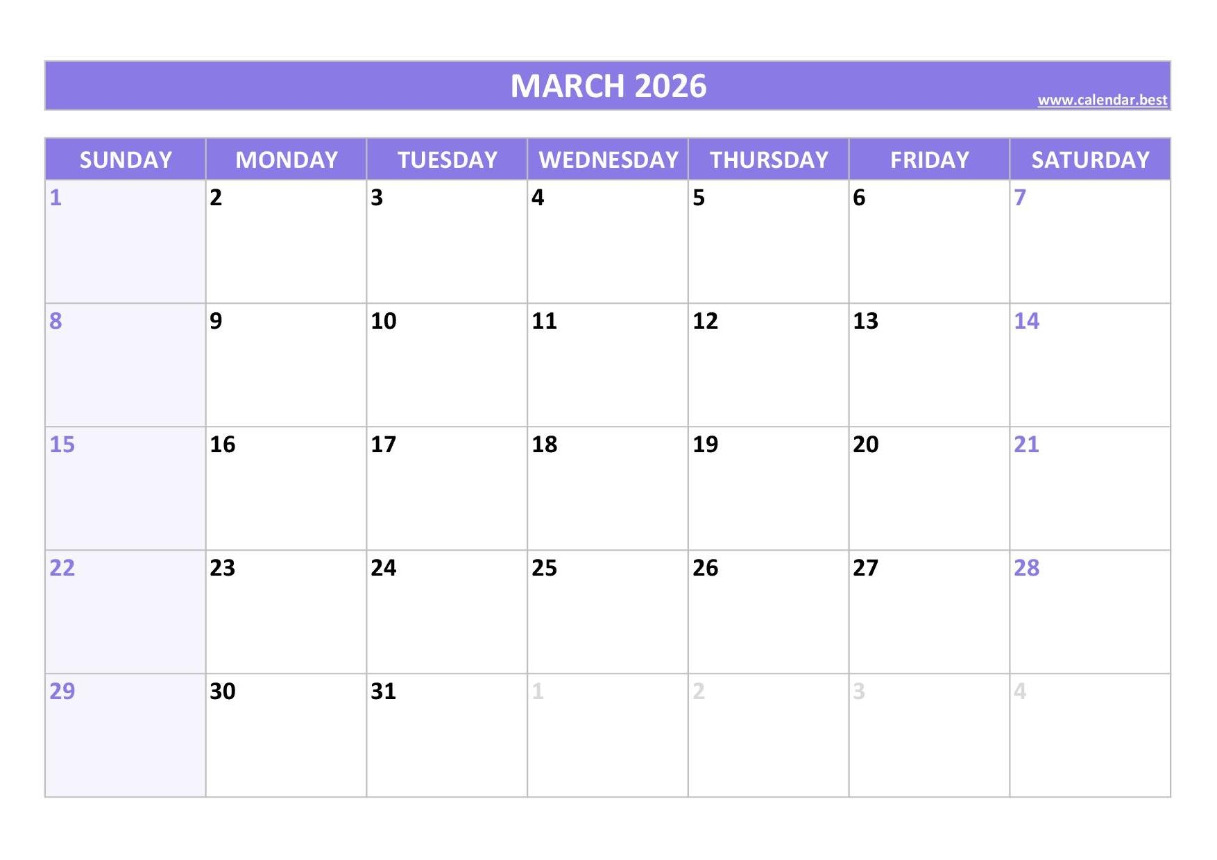 Free Editable March 2026 Calendar